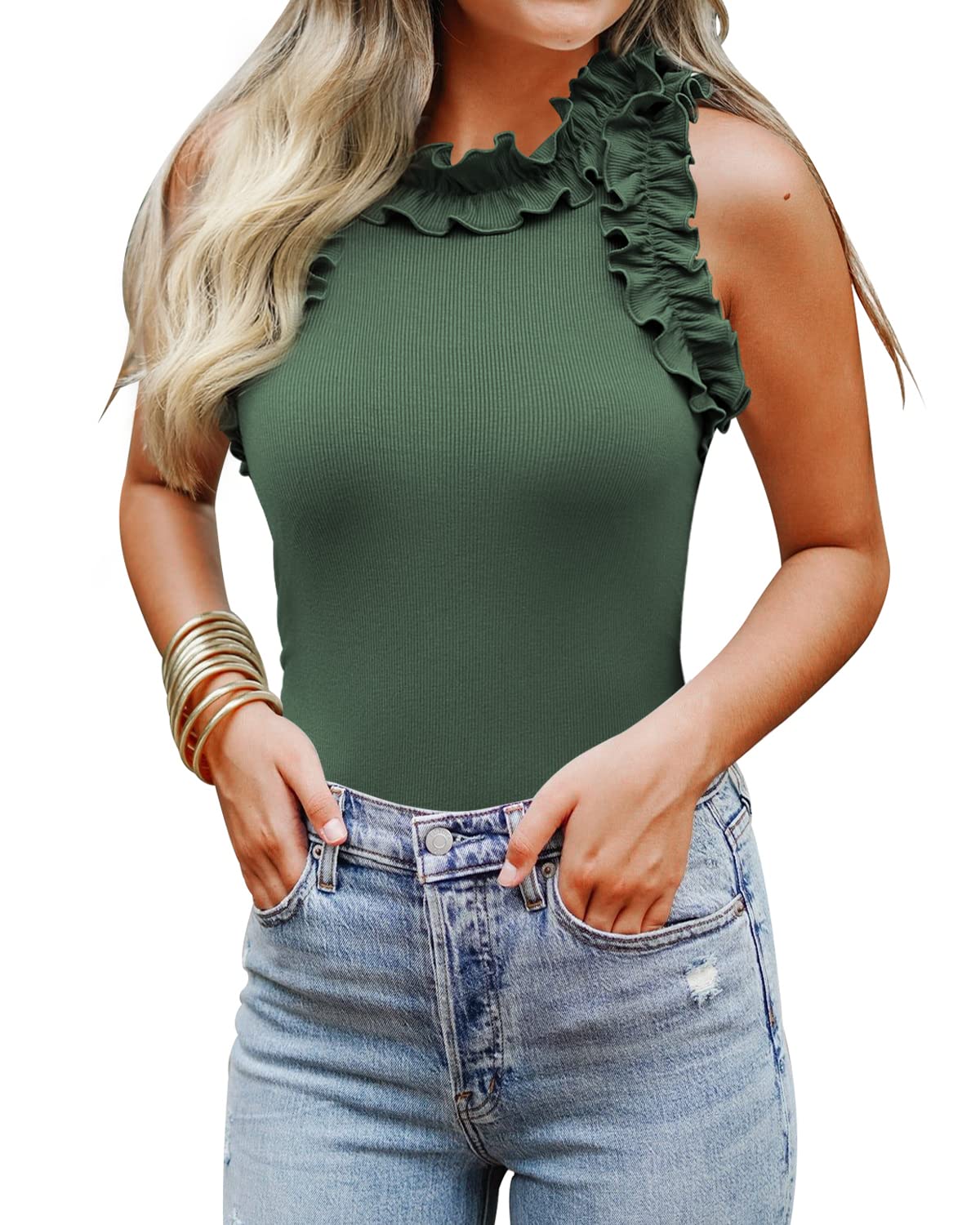 WAYMAKER Women's Sleeveless Racer Back Ruffle Mock Turtle Neck Bodysuit