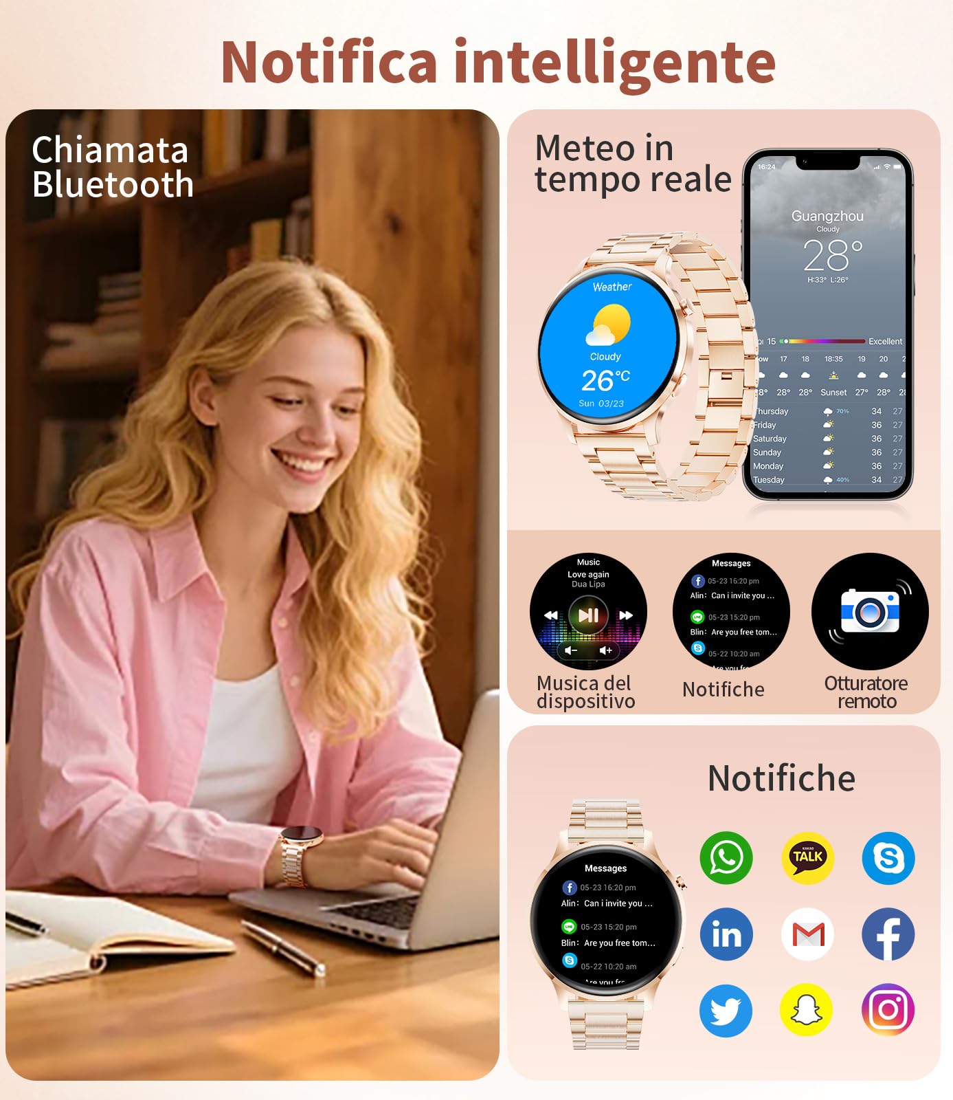 Smartwatch Donna, 1.32" AMOLED Orologio Intelligente Donna con Chiamate Bluetooth, 100+ Modalità Sportive Fitness Tracker con 2 Cinturini, Podometro, Smart Watch per Android iOS (Oro rosa)