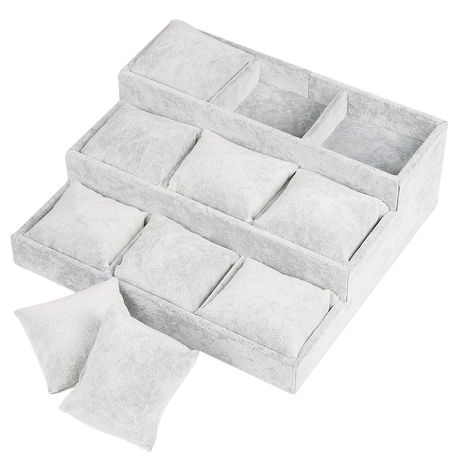 Uhrenbox, 3-stufiger Uhren-Organizer für die Vitrine, Schublade, 9 Fächer, Aufbewahrung von Schmuck, Ständer, Vitrine, Schmuckaufbewahrung, Theke, Uhrenetui aus Eisvliesstoff (Farbe: Grauer Eissamt)