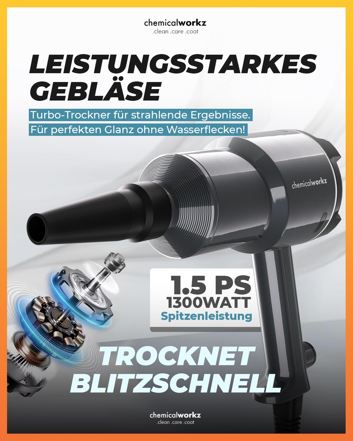 chemicalworkz Dryer 1.5PS Premium Auto Lacktrockner, 1300W Elektrische Staubgebläse, Druckluftspray, Laubbläser, Luftdruckspray, Druckluft Compressed Air Duster, Reinigungsset für Auto, Haus & Garten