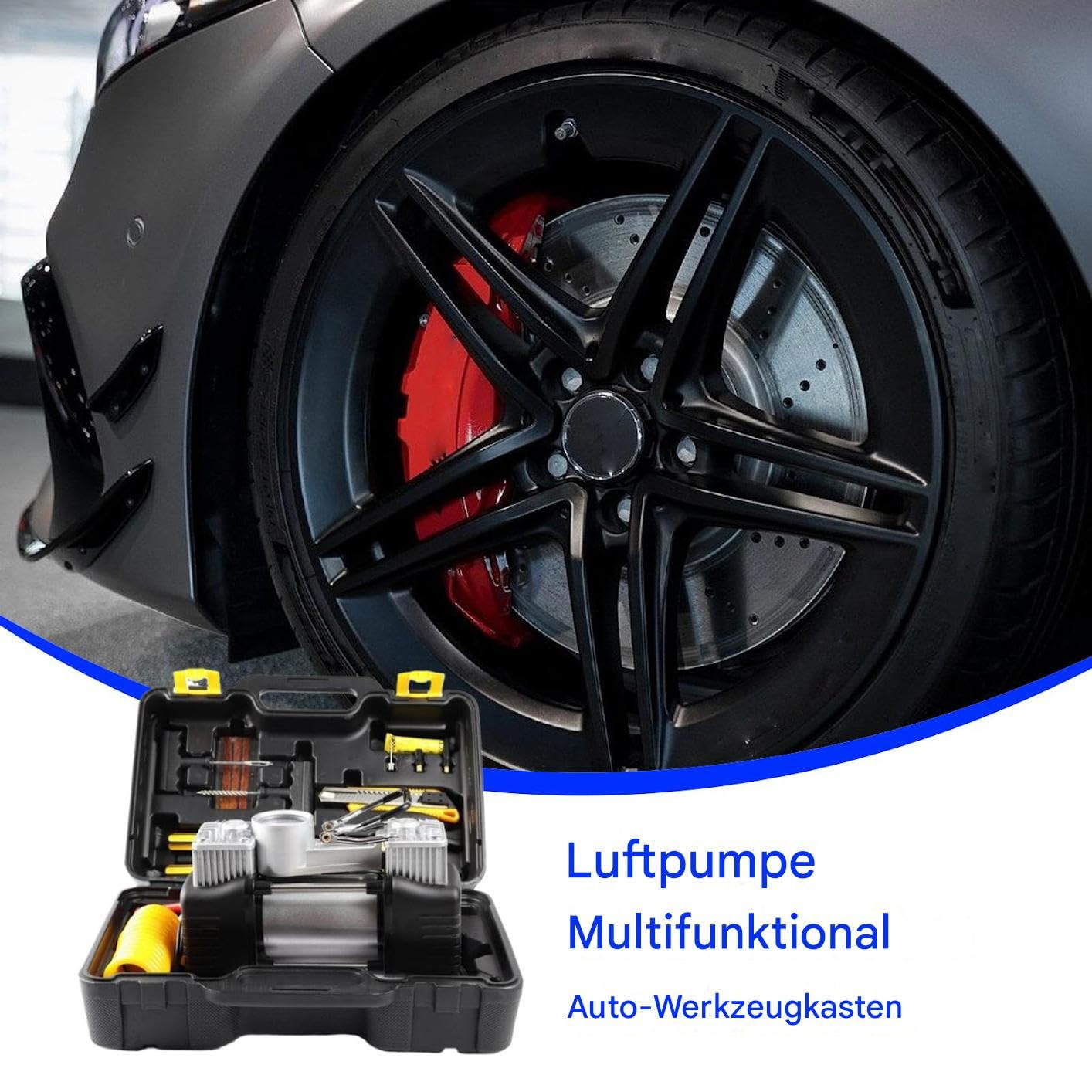 Compressore portatile valigia – Set compressore pressione pneumatici, 12 V, pompa ad aria portatile per bicicletta per aiuto, camion, moto, in viaggio, campeggio, casa | Attrezzature per la Riparazione di Autoveicoli Per Automobili Biciclette Motocicli Ca