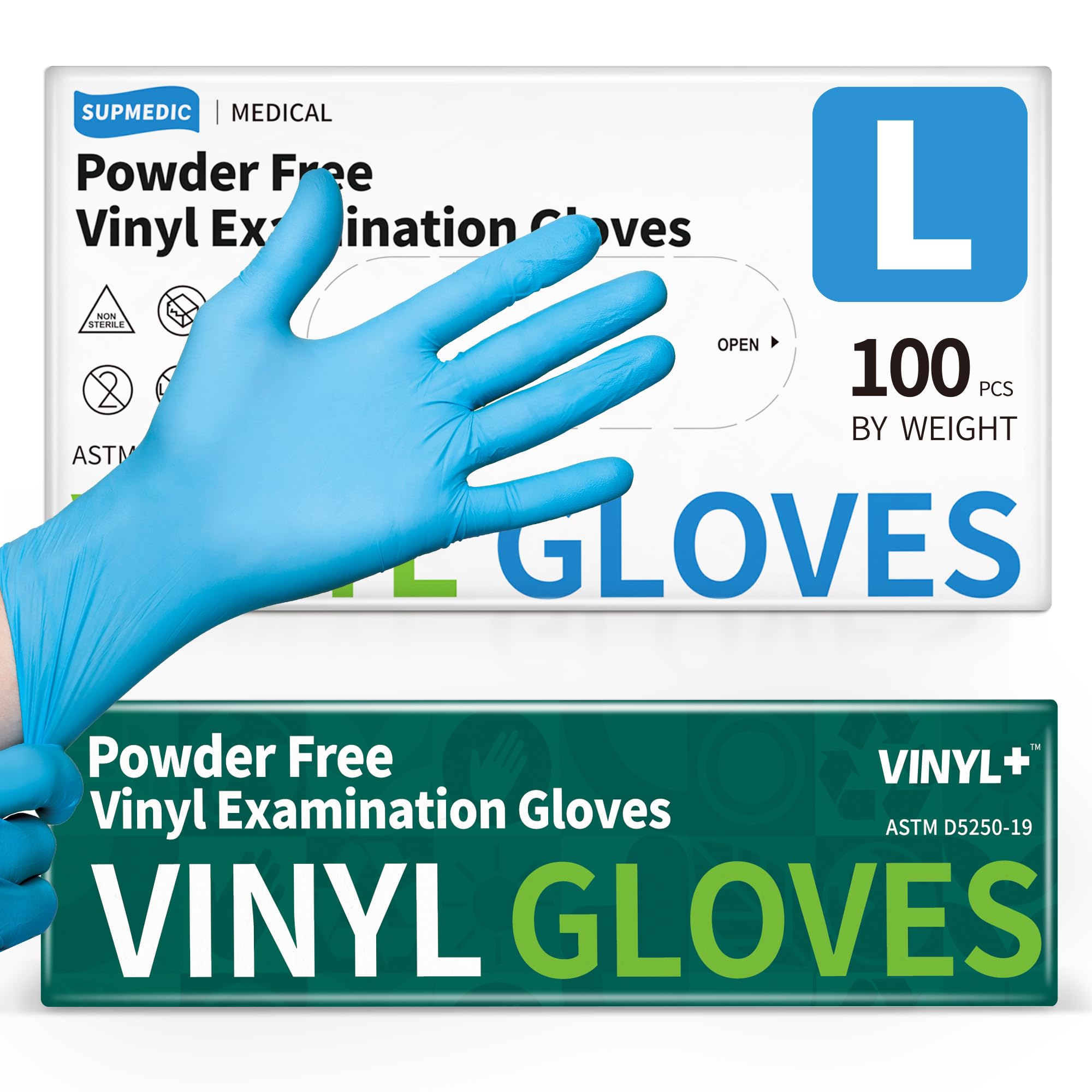 Supmedic Lot de 100 gants d'examen jetables en vinyle, sans poudre, sans latex, de qualité alimentaire, pour la cuisine, le nettoyage, les médicaux, bleu, taille L