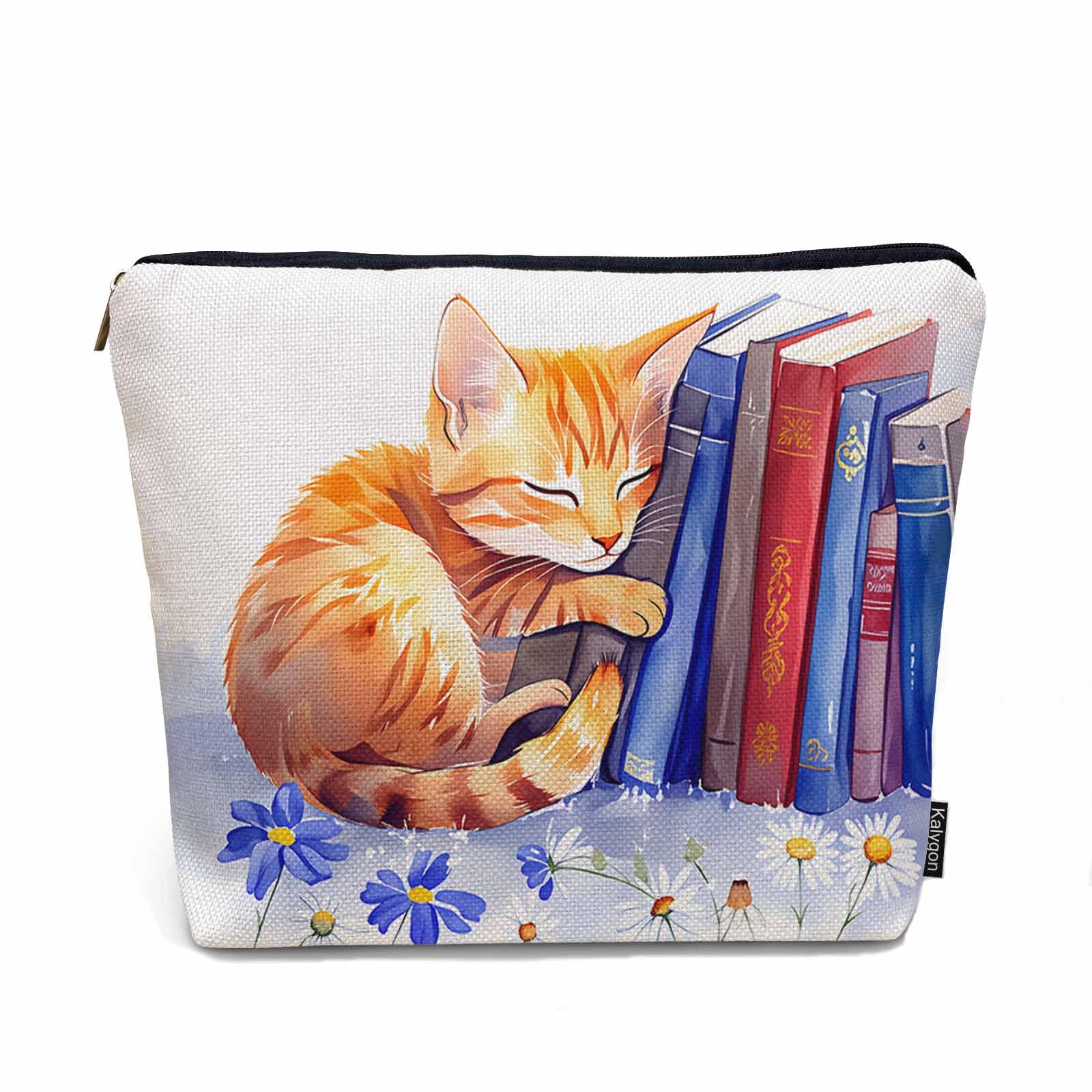 Kalygon Cat Cosmetic Travel Bag For Toiletries, Funny Cat Kitten Sleep Floral Library Bookshelf Makeup Bag Toiletry Bags For Women, Flax Cosmetic Bags