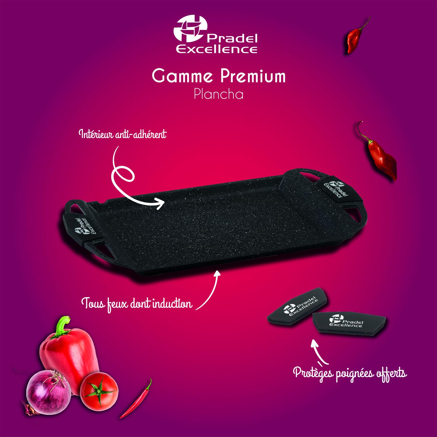 Pradel Excellence - PCUI001029 - Plancha 48 x 28 cm - Fonte d’Aluminium - Revêtement Antiadhésif façon pierre - Fond Lisse - Protège-Poignées Amovibles - Tous Feux, Four et Lave-Vaisselle