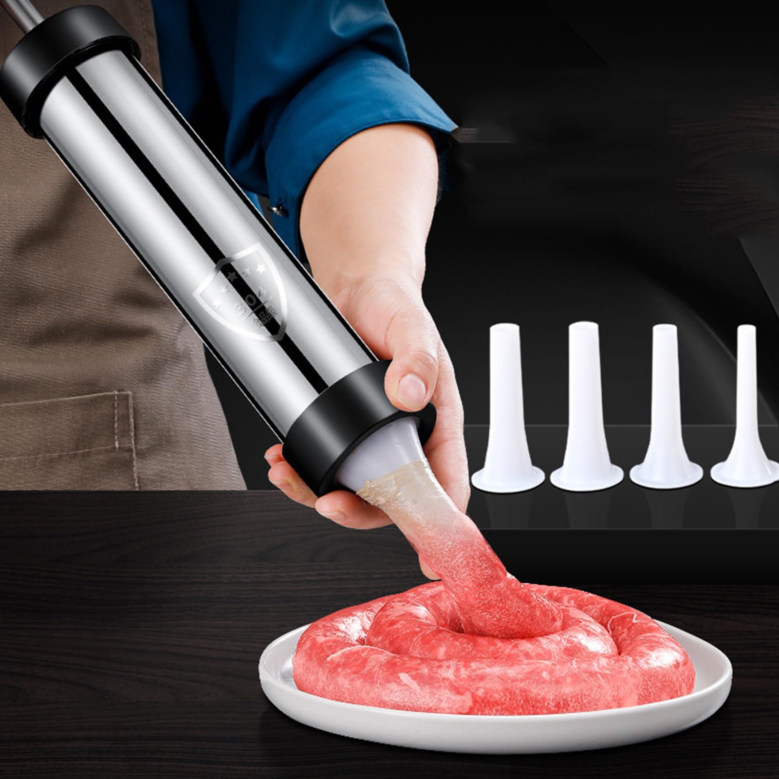 Xinlie Embutidos Manual de Acero Inoxidable Herramienta para Rellenar Salchichas Herramienta de Llenado de Salchichas con 4 Boquillas Domésticas,Adecuado para Cocinas Domésticas,Cocinas de Bricolaje