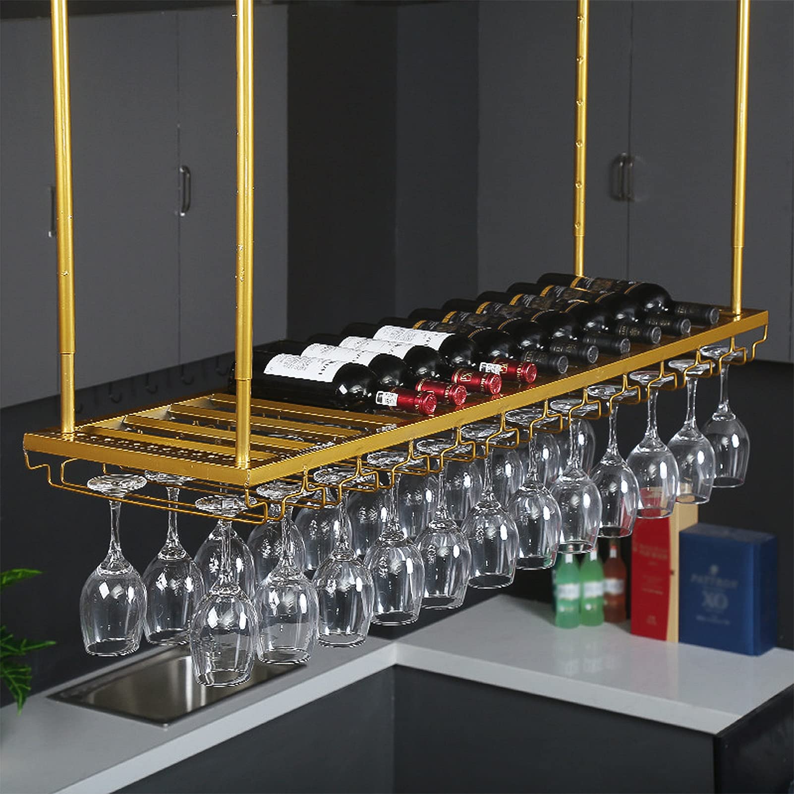 Wine rackHanging Wine Glass Holder Rack with Adjustable Bottles Racks - Space Saving Metal C Mounted Wine Glasses Hanger for Kitchen Bar (Black, 180x30CM)