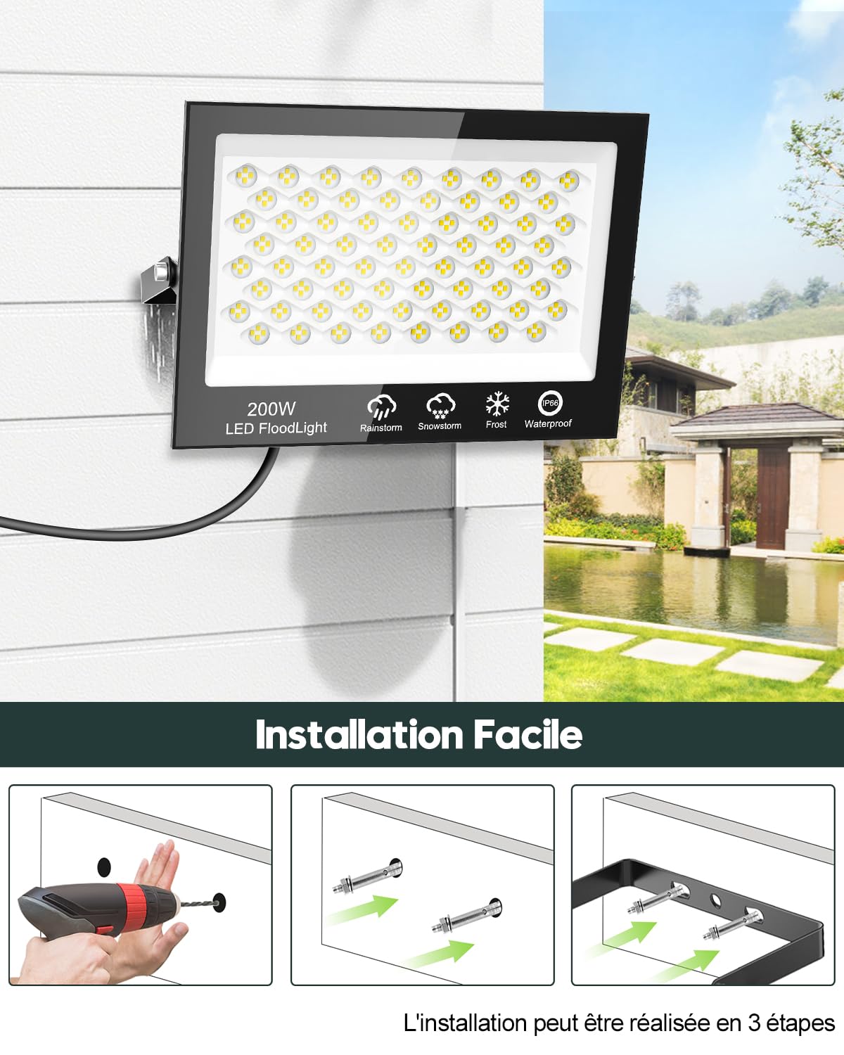 Sararoom Lot de 2 spots LED d'extérieur 200 W 20 000 lm 272 LED blanc froid 6500 K Projecteur extérieur IP65 étanche pour jardin, garage, cour, allée, portes, couloir