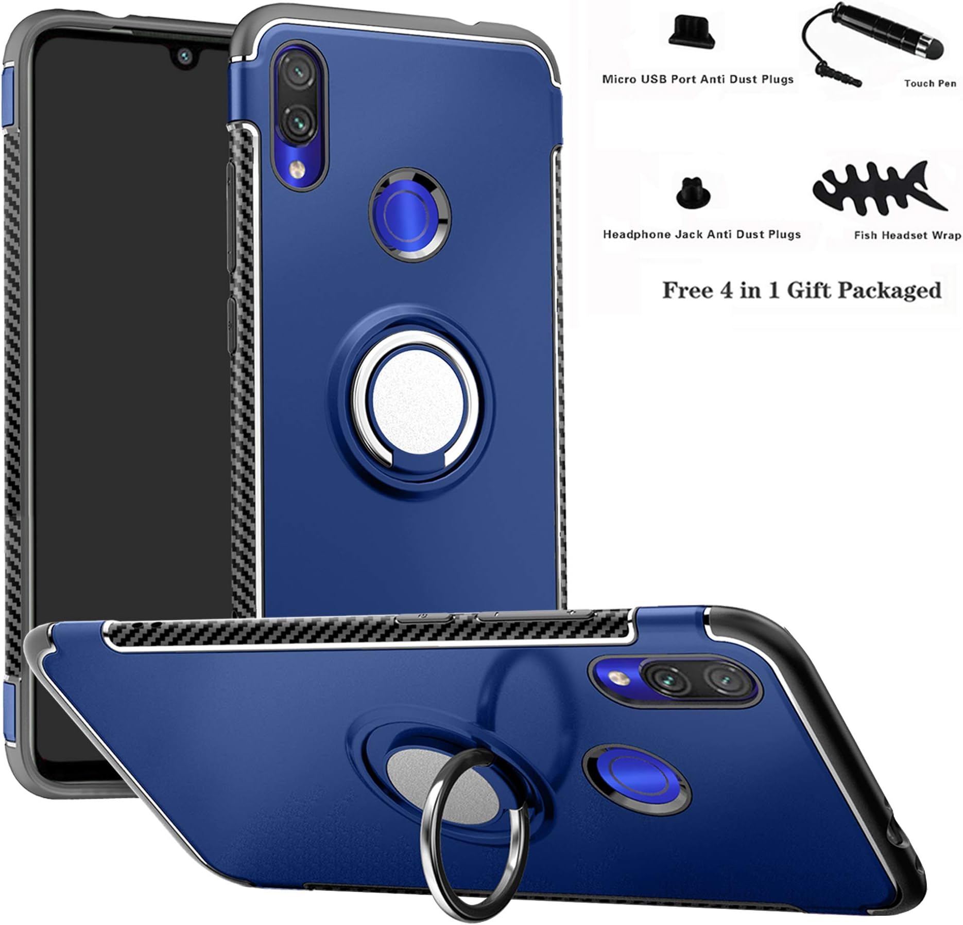 Labanema Case for Redmi Note 7, Hybrid Dual Layer [Anti-Scratch] [Shock Absorption] 360°Rotation Ring Holder Kickstand Armor Slim Protective Case for Xiaomi Redmi Note 7 /Redmi Note 7 Pro - Dark Blue