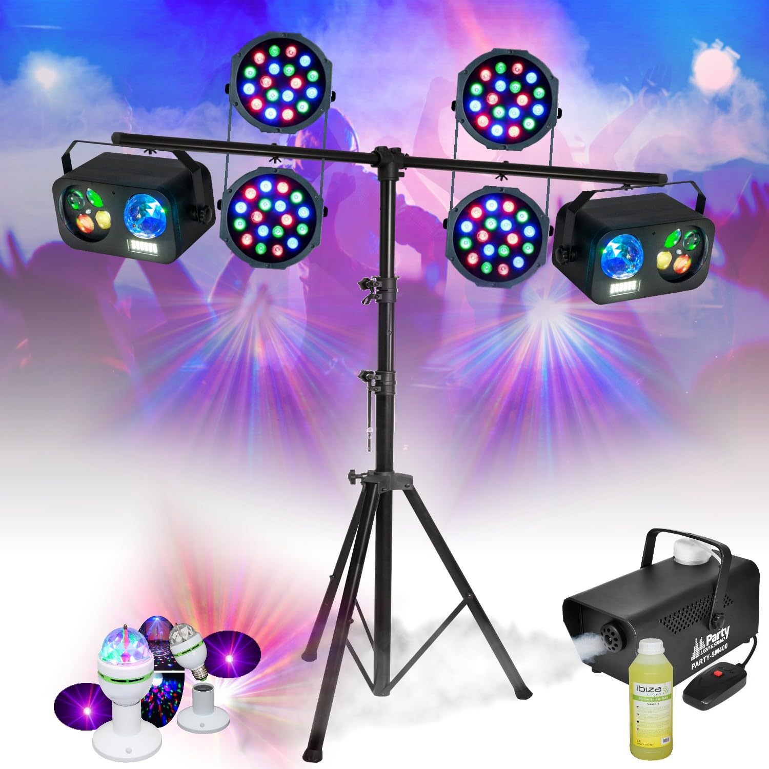 Pack Lumière Et Son Pour Soirée - 4 Projecteurs PAR Sur Support, Machine à Fumée + Liquide, 3 Effets Lumineux (strobos, Derby, Astro) - Pour Mariage, Fête, DJ - 8