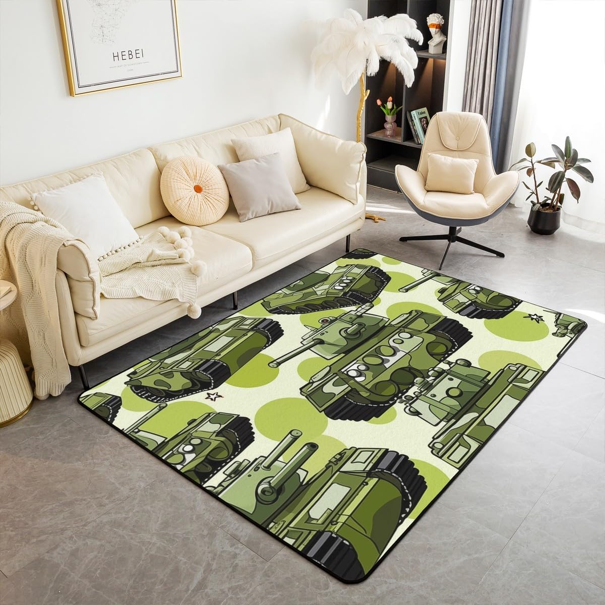 Castle Fairy Cartoon Tank Area Rug 3x5 Green Army Camo Cars Decorative Rug for Kids Teens Adults American Tank Soldier Rugs for Living Room Bedroom Transport Equipment Decorative Rug