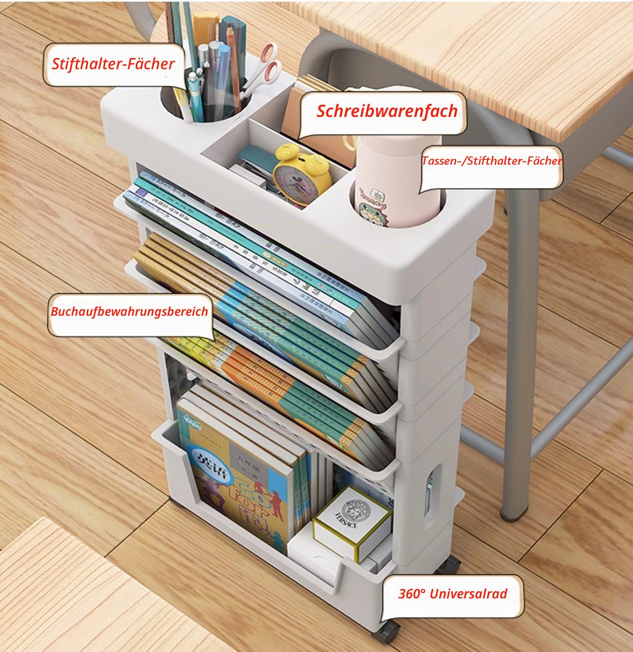 Mobiles Schreibtischregal für Klassenzimmer, kompakter Schreibtisch-Aufbewahrungs-Organizer mit Rollen, dünner Aufbewahrungswagen für Bücher, Mehrzweckwagen für Schlafzimmer, Bibliothek