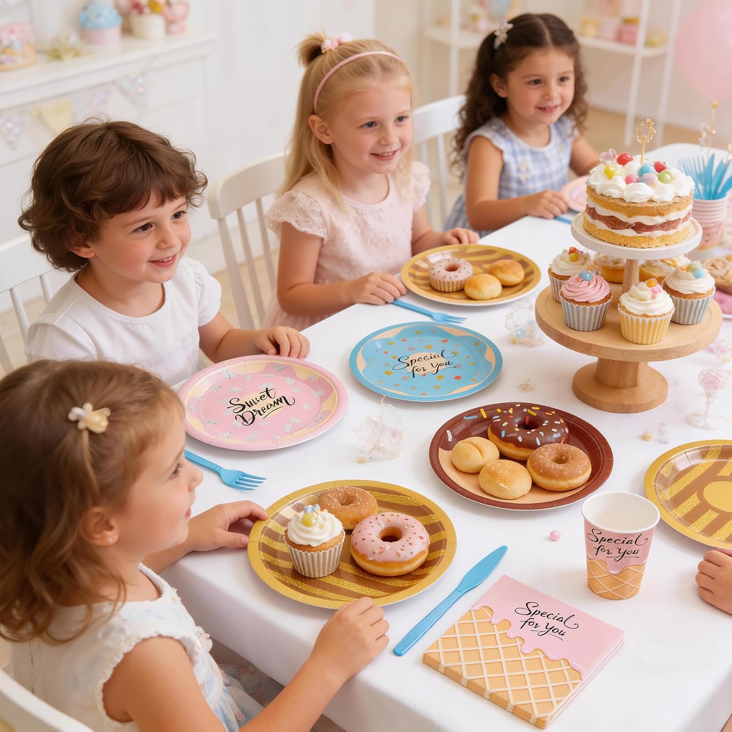 144Pcs Donut Sweet Birthday Party Supplies Decorations Girl Birthday Themed Paper Plates Napkins Vintage Party Tableware Disposable Dinnerware for Girl Kid Baby Shower Table Decor, Serve 24 - Image 5