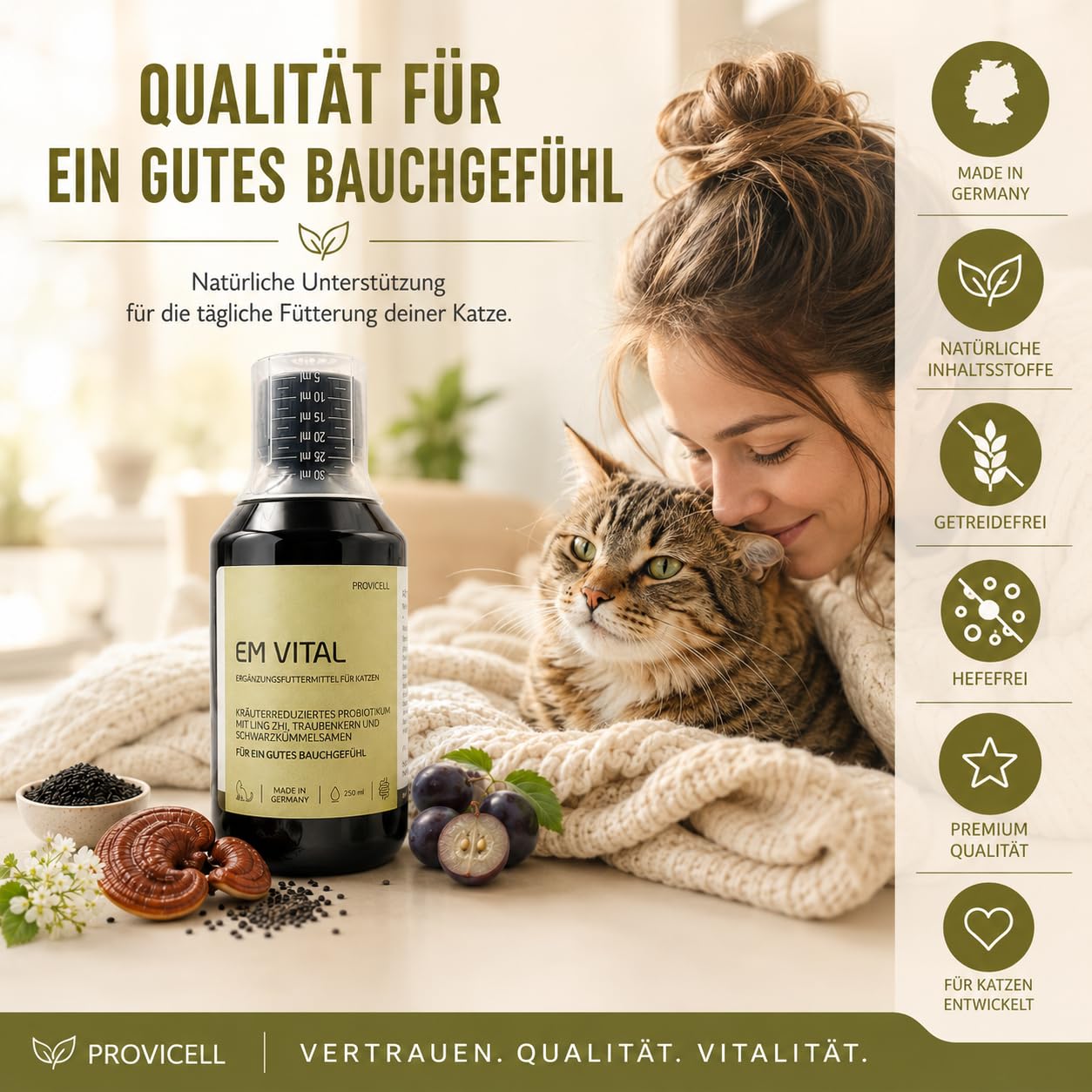 EM Vital Katze 250 ml - Premium Probiotika für Katzen Flüssig – zur Unterstützung der Darmflora – Fermentierte Pflanzenstoffe mit Mikroorganismen – Ohne Zusatzstoffe - Made in Germany