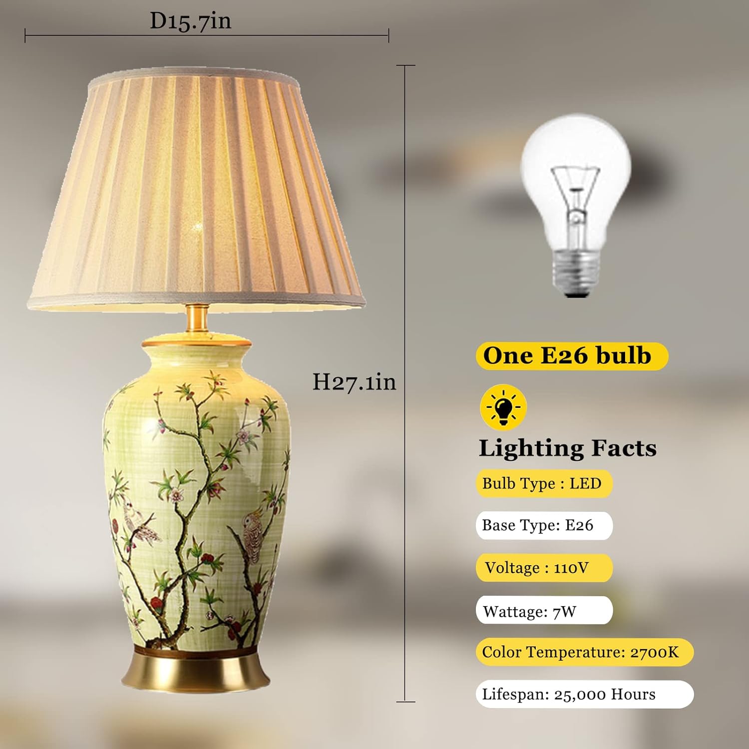 American Flower and Bird Ceramic Table Lamp, 27 Chinoiserie LED Table Lamp , Classic Cottage Bedside Desk Nightstand Lamp