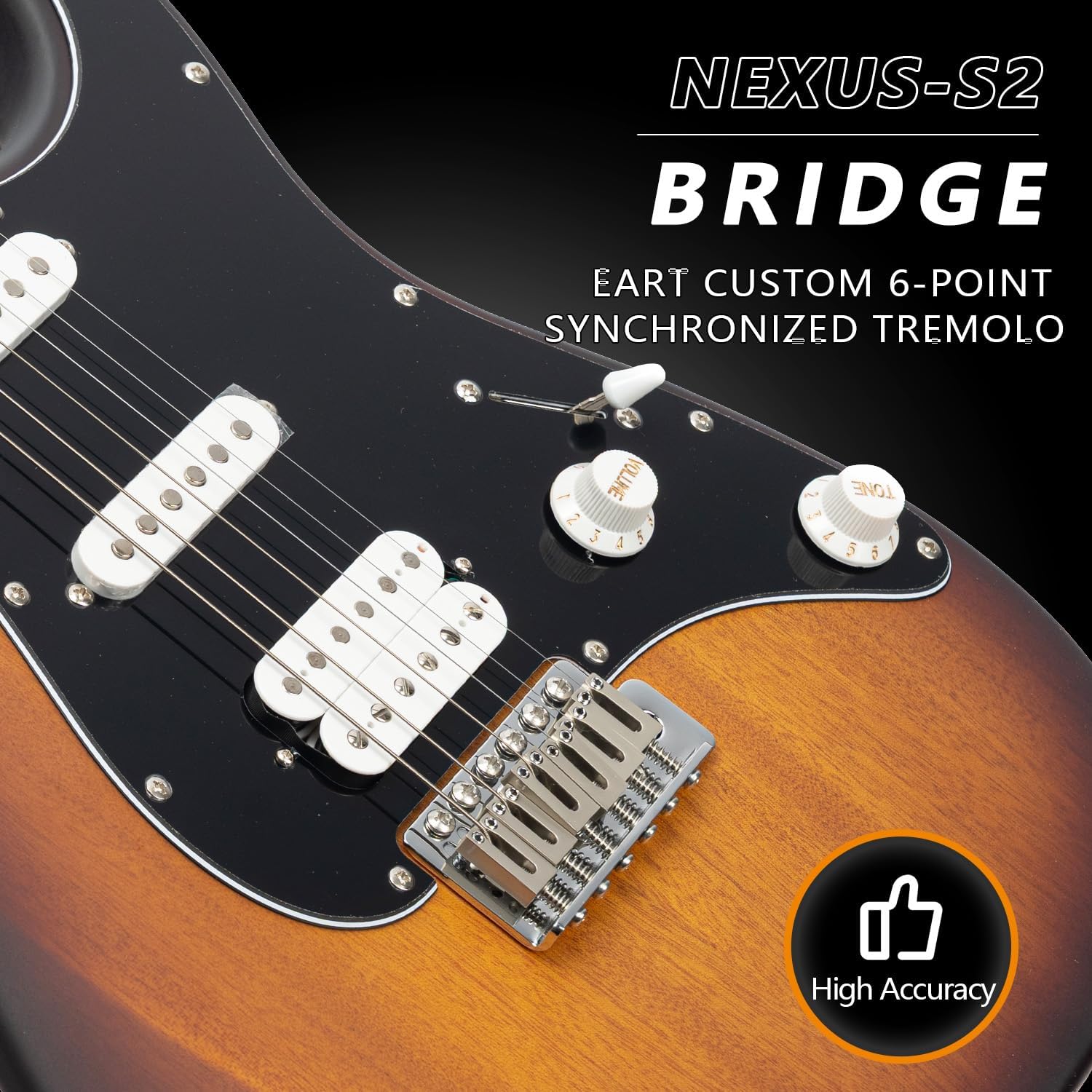 EART Nexus-S2 Solid Body Electric Guitar, HSS Pickups with Roasted Maple Neck & Stainless Steel Frets, Satin Finish, Mahogany Body, Tremolo Bridge - Tobacco Burst