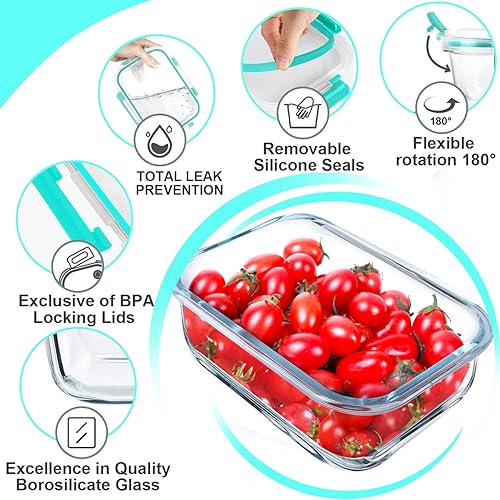 Miniatura 5 de VERONES Paquete de 5 recipientes de vidrio de 36 onzas para preparación de comidas, juego de recipientes herméticos de vidrio para el almuerzo con