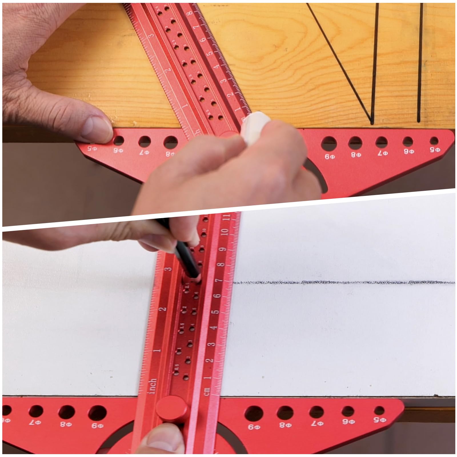 Regla de línea de marcado para carpintería, regla cuadrada deslizante de aleación de aluminio ajustable (rojo)