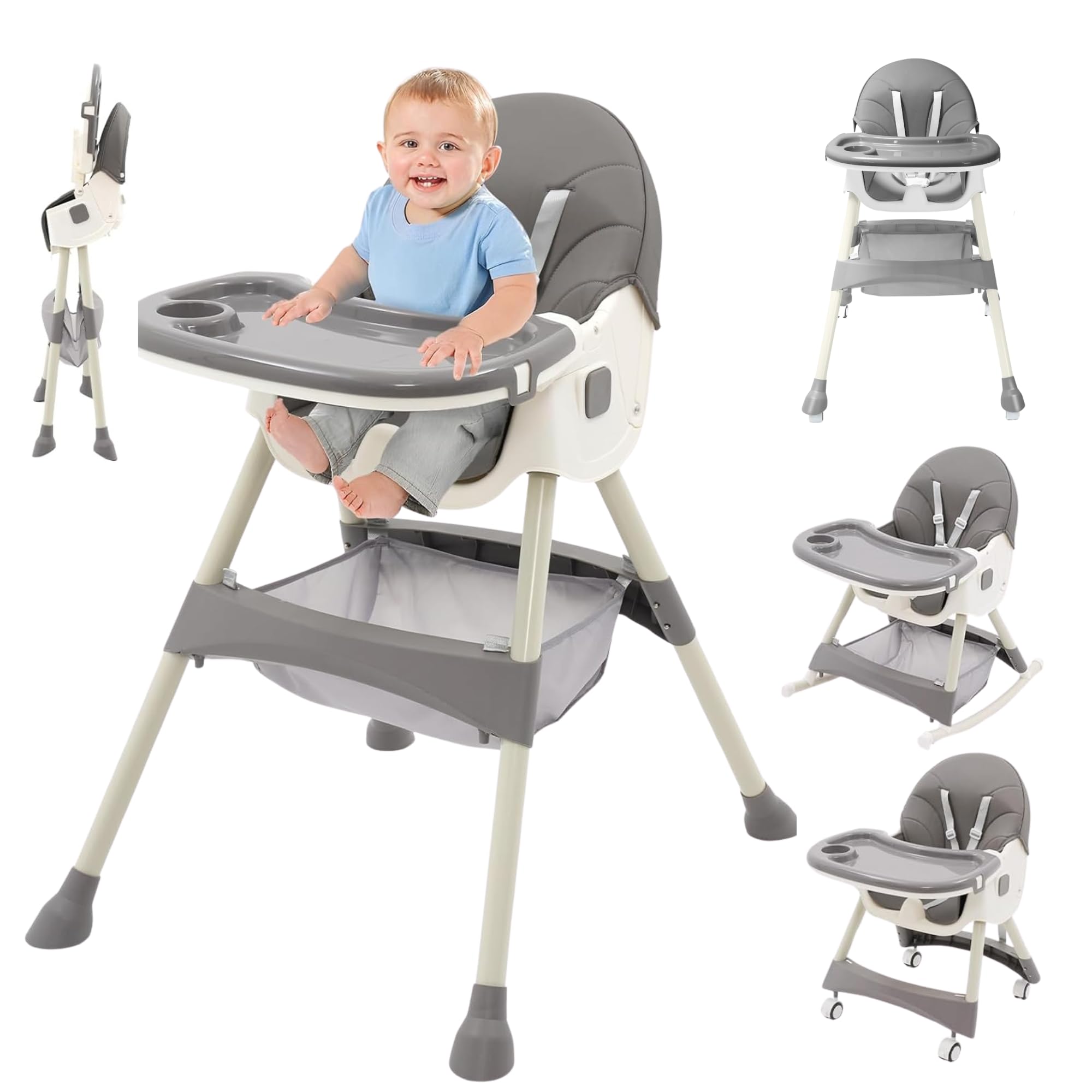 Silla de bebé para comer silla alta para bebé silla periquera 6 en 2 con babero vaso entrenador y plato de comida, facil de armar, plegable multifuncion (gris)