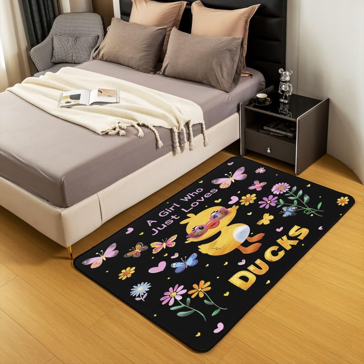 Erosebridal Kawaii Duck Living Room Rugs for Girls Kids for Duck Lovers Area Rug 5 x 7, Country Floral Butterfly Washable Rug, Funny Pet Ducks Carpet Indoor Floor Mat Bedroom Decor