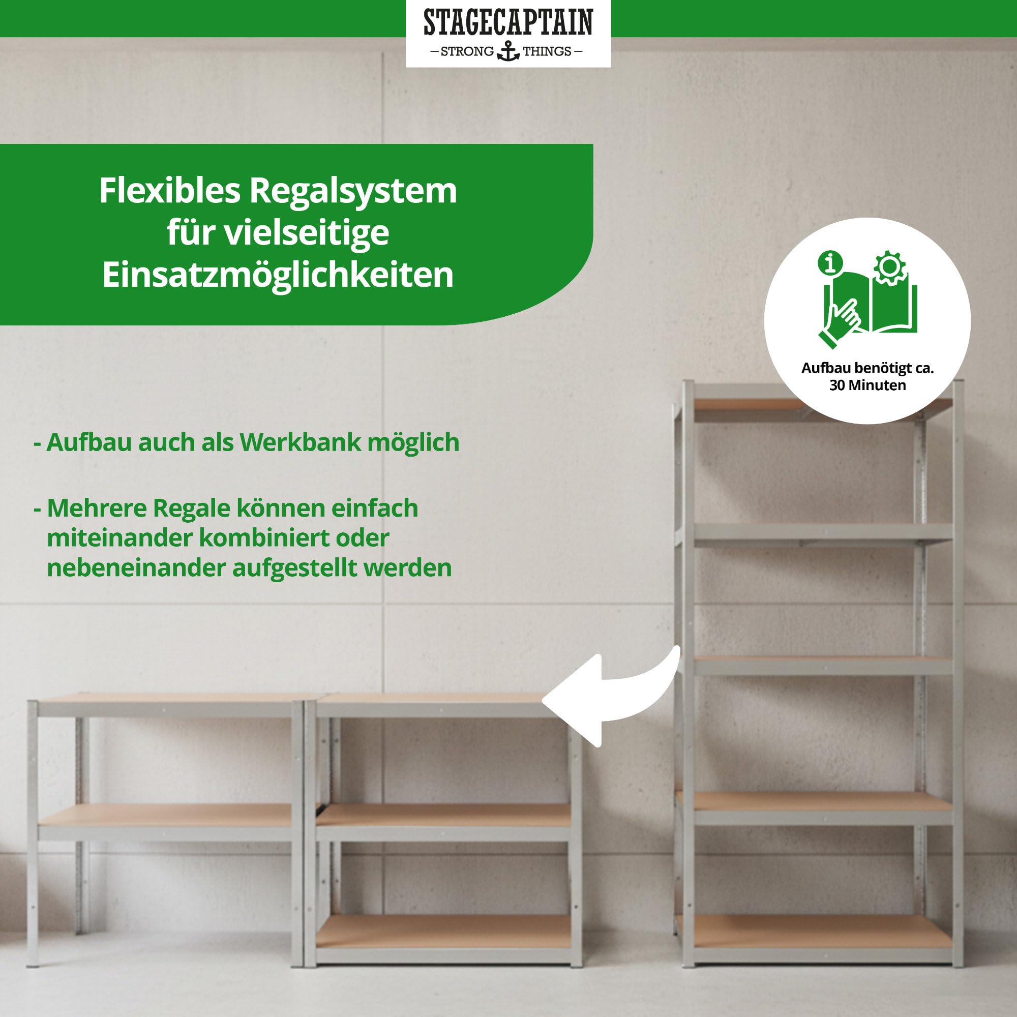 Stagecaptain Heavyrack HR-175 SR Ensemble de 4 Étagères Rangement - Charge Lourde à 5 étages de 175 kg - 875 kg Max - Meuble de Garage Atelier en Acier et Bois MDF - Argent