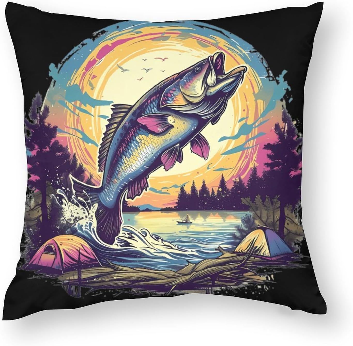 Jumping Bass Fish Printed Throw Pillow Case 4 Pcs Soft Pillowcases Pillows Covers Sofa Bed Decor 12/14/16/17/18/20/22/24/32 Inches