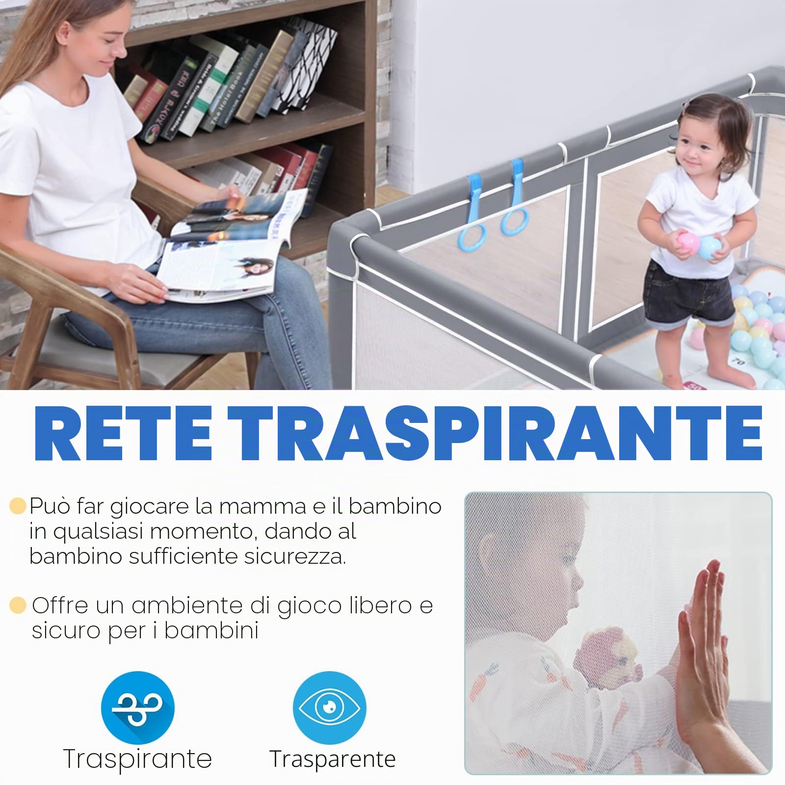 LZQ Recinto Gioco Grigio per Bambini, Ventose Fisse, 150x180x68 cm | Rete traspirante trasparente, struttura robusta, antiscivolo, sicura protezione bimbi, montaggio semplice e veloce