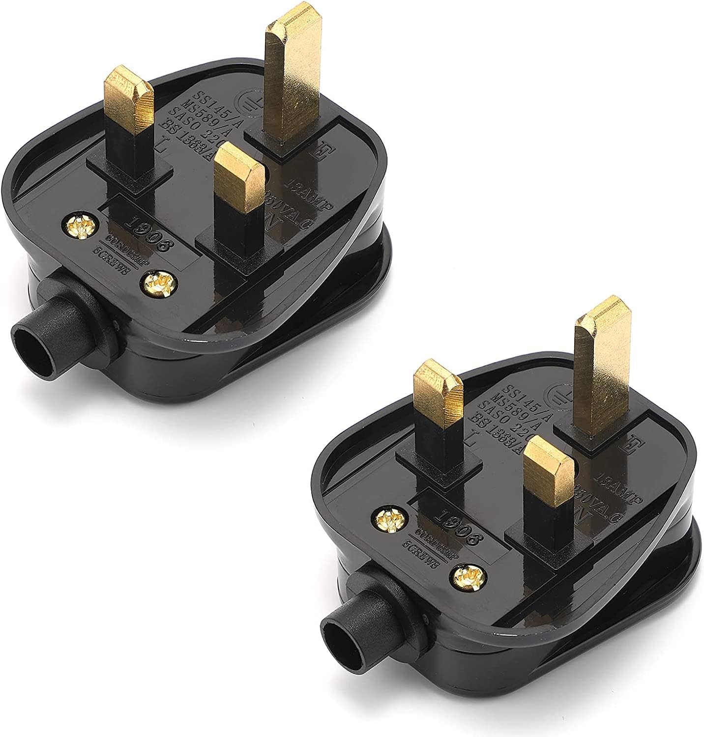 UK 13 A Fused Mains with Cord Grip Rewireable Plugs Black 3 Pin UK