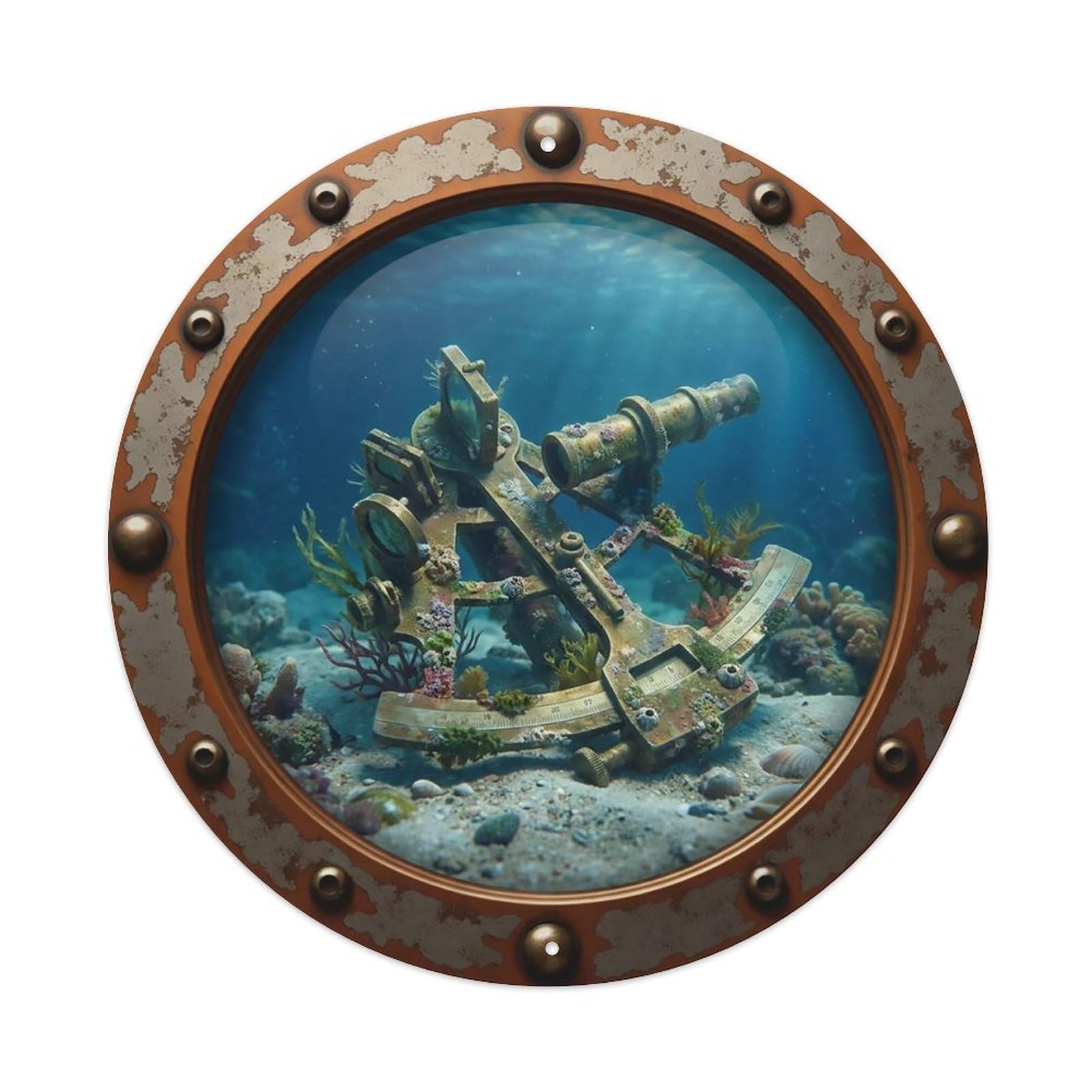 Odgynaw 8X8inch(20X20cm) Vintage Porthole Sunken Sextant Nautical Window View Metal Tin Sign