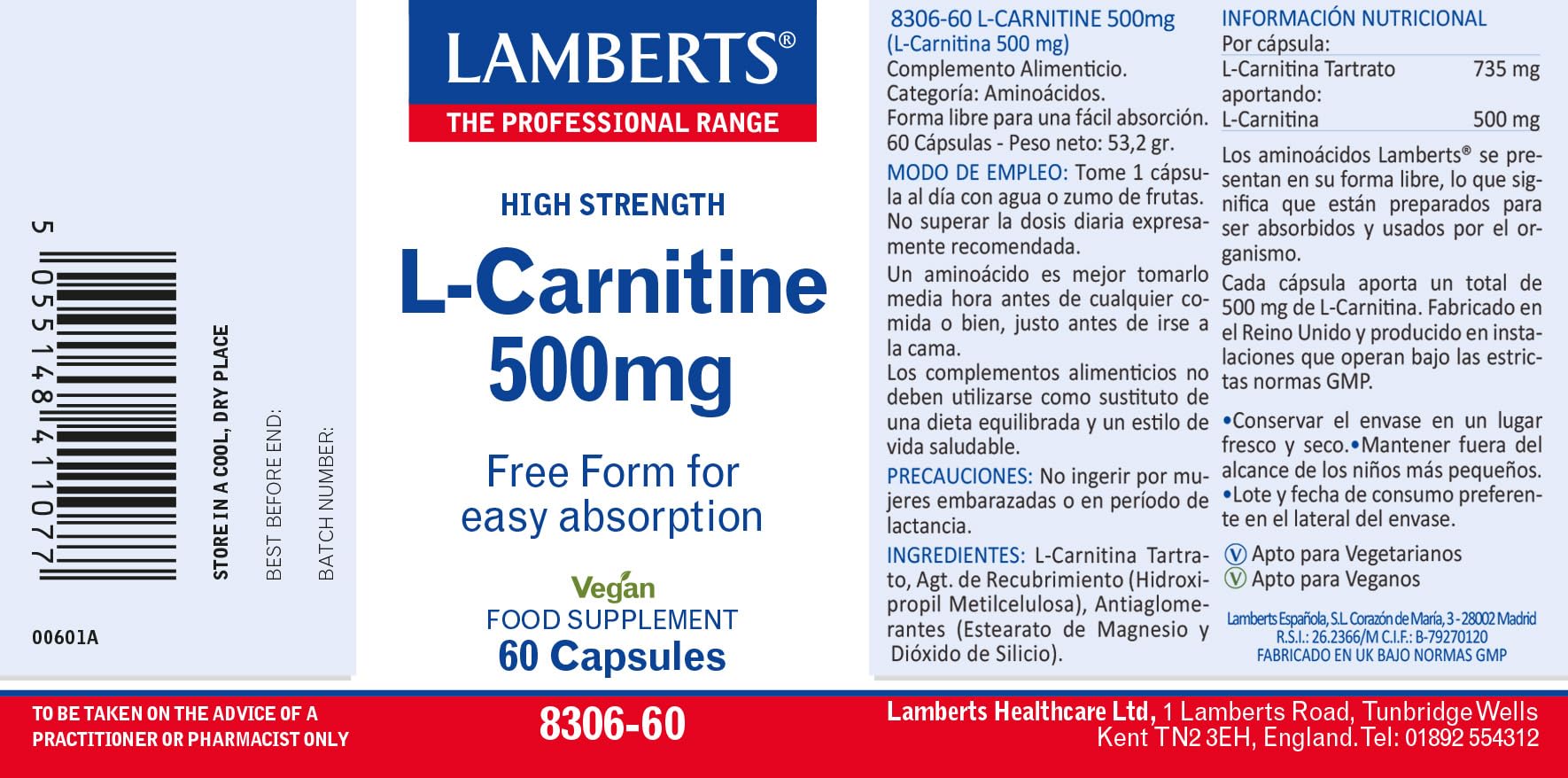 Lamberts L-Carnitina 500 mg | Forma Libre | Nutrición Deportiva | Alta Absorción | 60 Cápsulas | Calidad Farmacéutica GMP