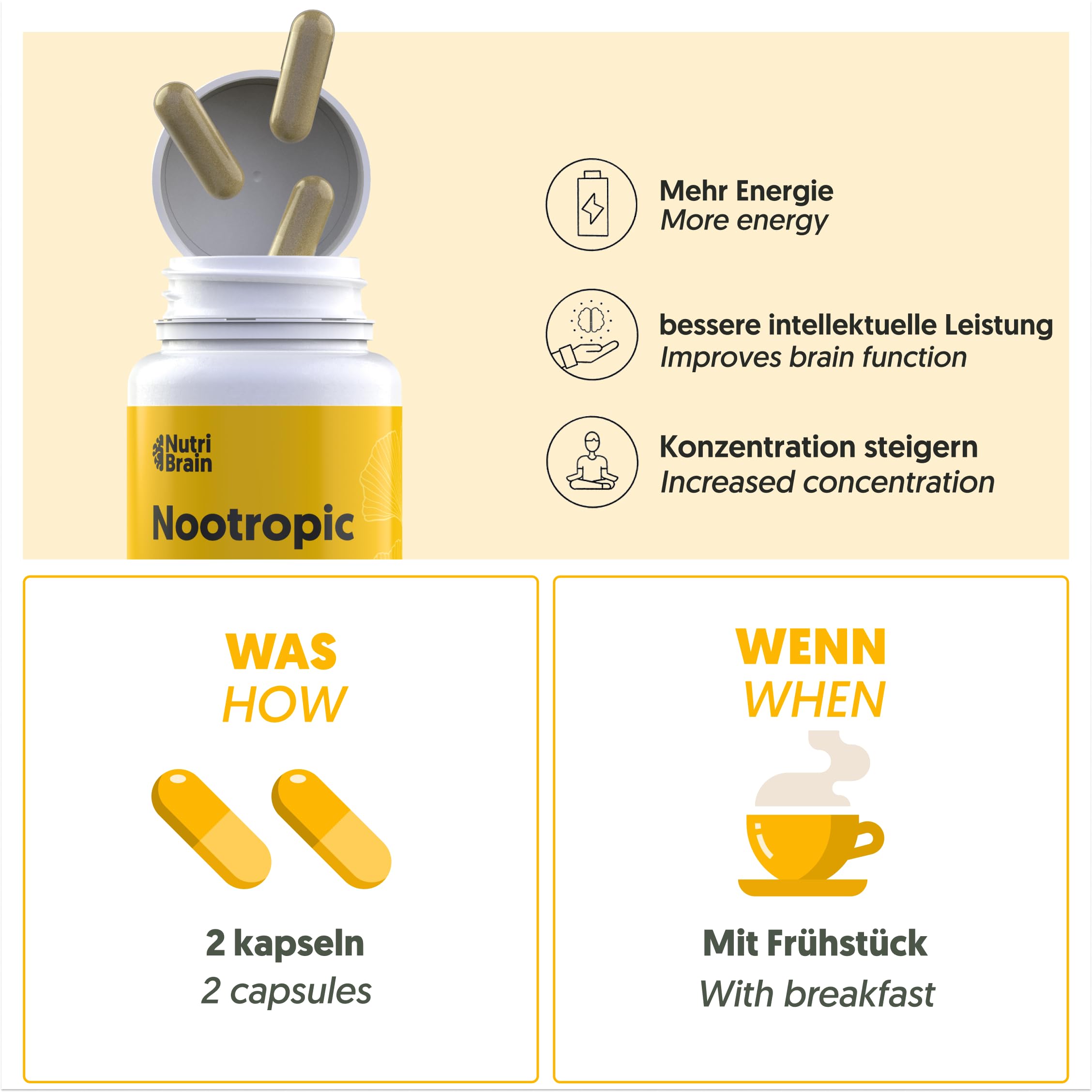 Nootropic Brain Booster - Konzentrations Tabletten mit Ginkgo Biloba, Tyrosin, L-Theanin & 130mg Koffein - Gedächtnis Tabletten für Dopamin & Fokus - NutriBrain