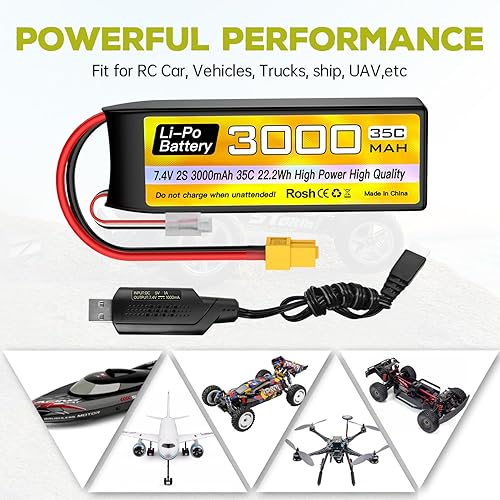 Miniatura 2 de sea jump 2S Lipo Batería 7.4V 3000mAh 35C con enchufe XT60 y cable de carga USB adecuado para RC coche, camión, barco, RC Quadcopter Aircraft,
