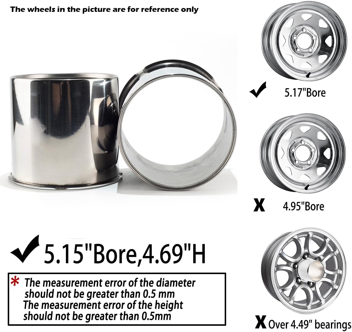 2Pcs 5.15inch Stainless Trailer Wheel Center Caps Push Through 5.15" Bore 4.69" Tall Open End Hub Cap for Truck SUV RV Wheel Rim, Chrome Wheel Cover