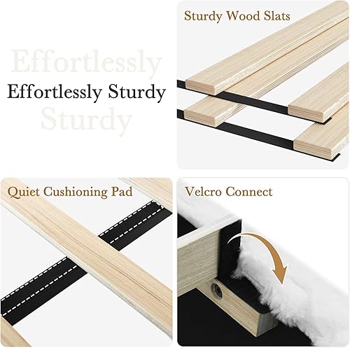 Miniatura 7 de Marco de cama de tamaño matrimonial, marco de cama suave con 2 cabeceras de almohada, marco de cama tapizado de felpa de piel sintética, no requiere