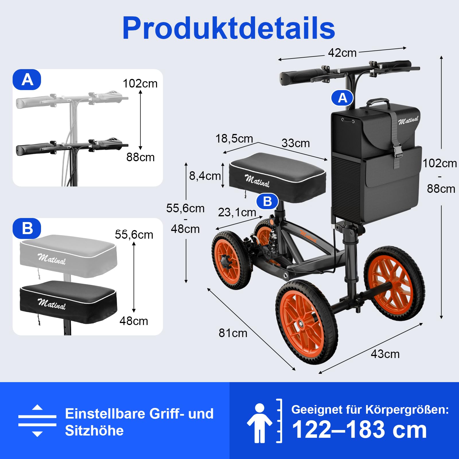 Knie Roller mit Stoßdämpfung – Stabiler Knie-Rollator bis 136 kg, höhenverstellbare Gehhilfe für Erwachsene nach Fuß-OP, inkl. abnehmbarer Tasche & 28 cm Vorderrad (Orange)