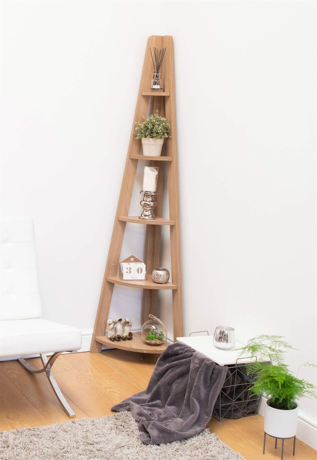 Timber Art Design Riva Scandinavian Retro 5-tier Corner Ladder Wooden Bookcase Shelving Unit for Storage Modern Furniture for Bedroom, Living Room, Oak - W38.6 x H175.4 x D38.6 cm