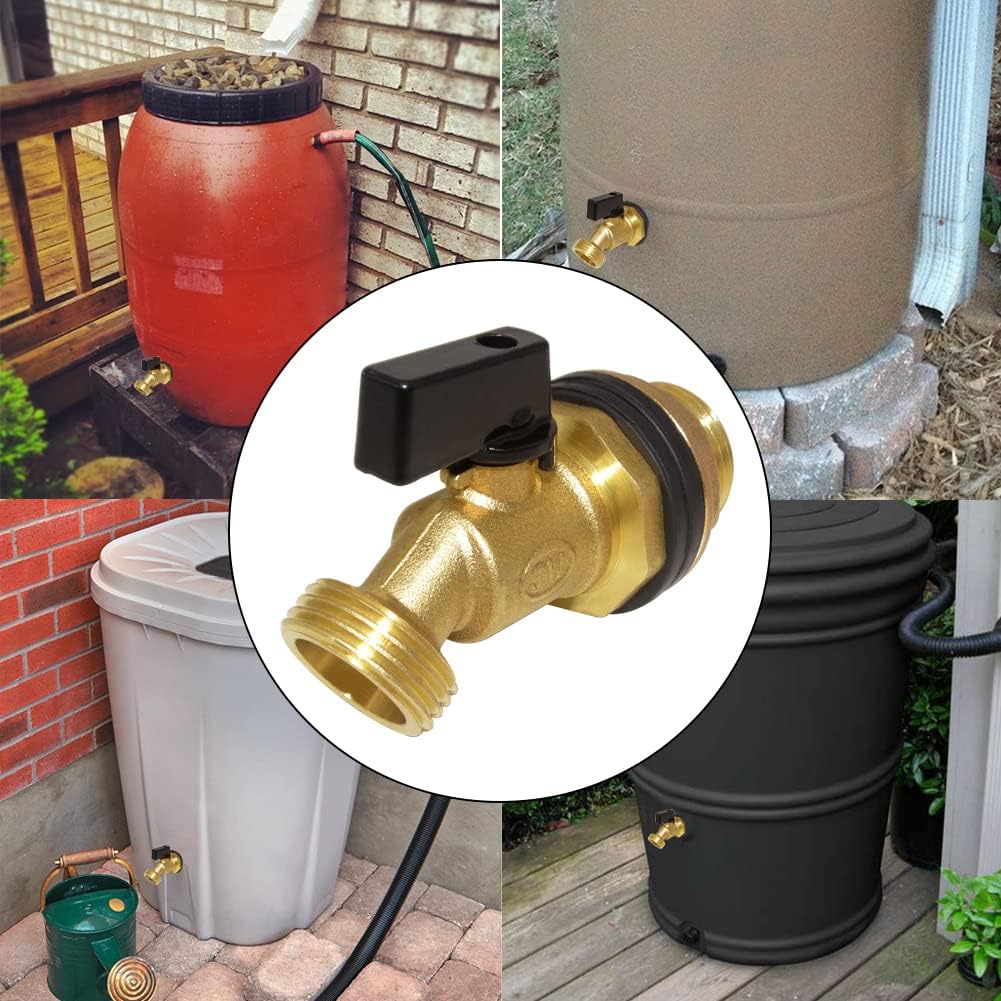 Hooshing 2PCS Brass Rain Barrel Spigot Water Container, 1 Inch O.D. Inlet to 3/4" GHT Outlet with Quarter Turn Ball Valve Bulkhead Fitting for Outdoor Plastic Bucket Water Tanks