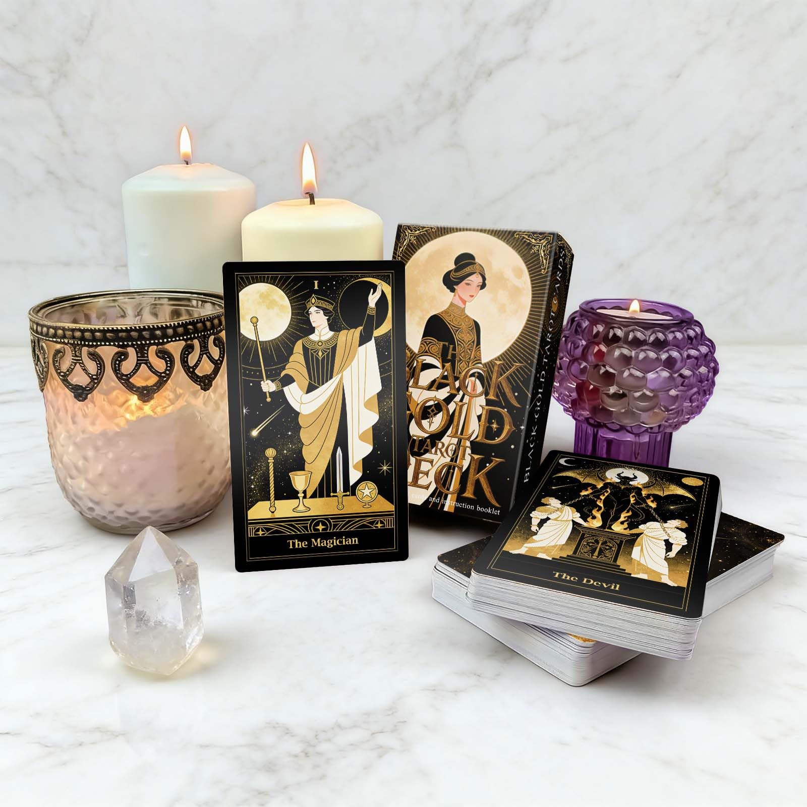 Powerful Cartes de tarot Black Gold Moon Phase - 78 jeux de tarot pour