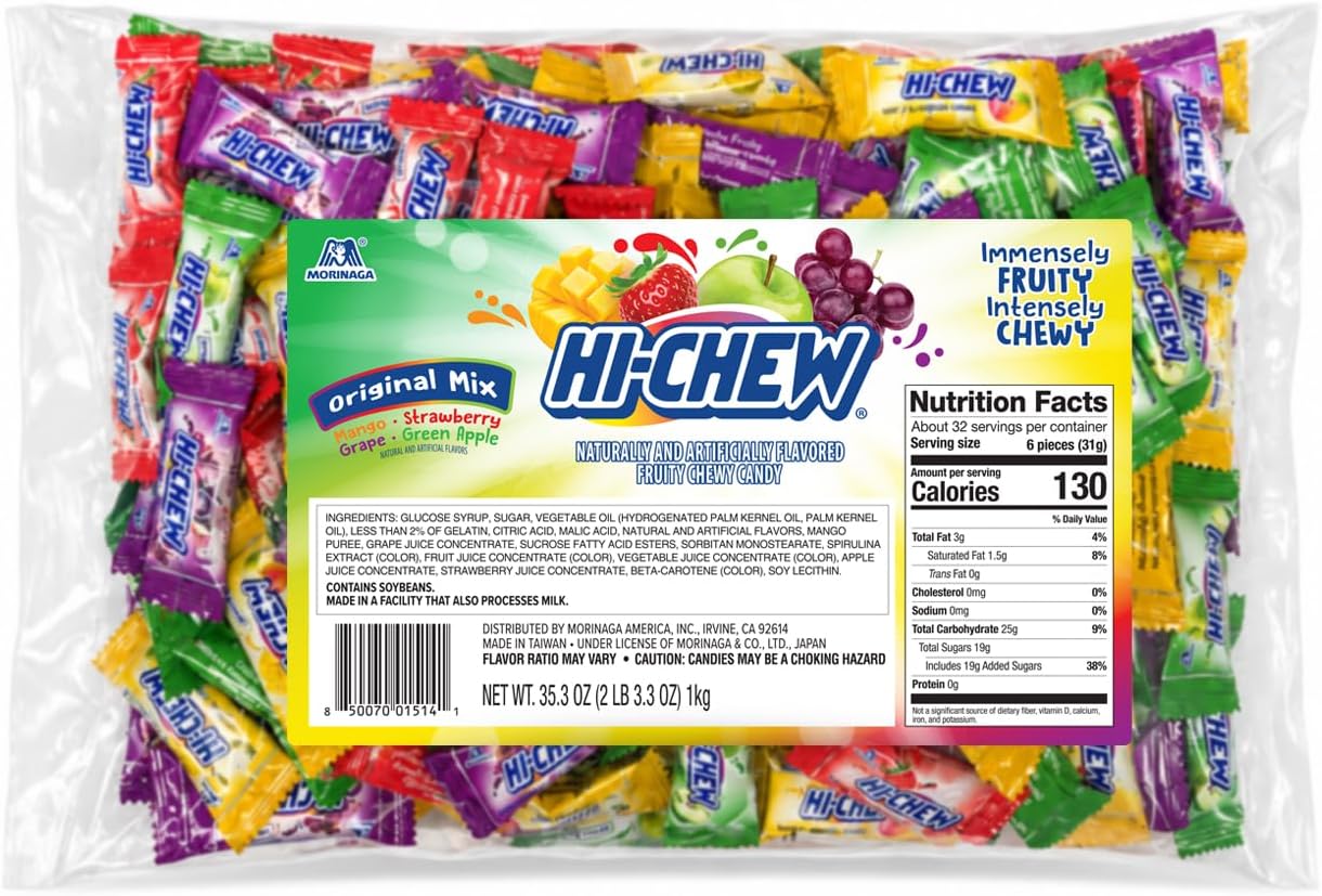 HI-CHEW Assorted Bulk Candy Bag, Green Apple Strawberry Mango Grape, Soft & Chewy Candy 2lb - 185+ Pieces Individually Wrapped Variety Pack - Made with Immensely Juicy Fruity Flavors