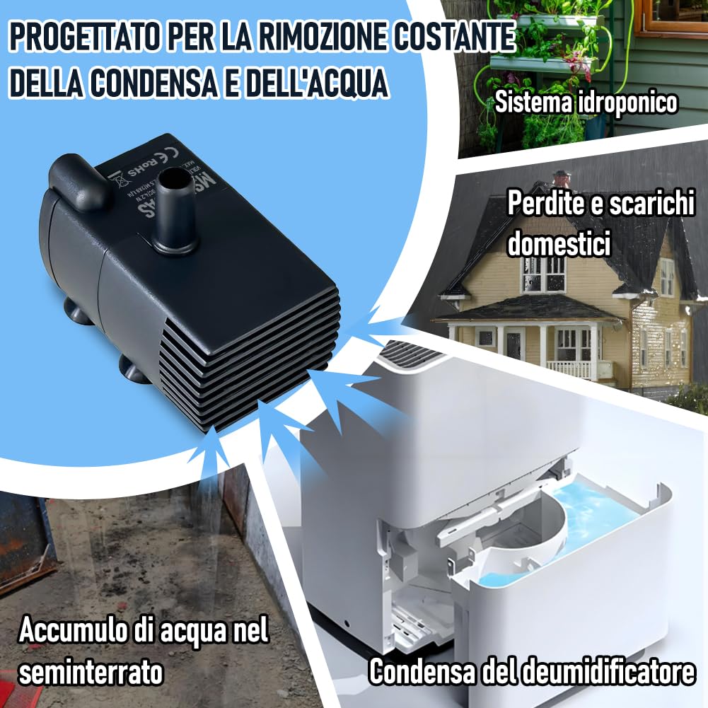 Pompa di sentina automatica di piccole dimensioni con sensore dell'acqua, sollevamento 2,5 m, 280 l/h con tubo da 1,8 m, mini pompa di condensa 115/230 V per deumidificatore, condizionatore d'aria