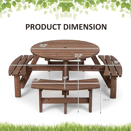 Miniatura 4 de Tangkula Mesa de picnic de madera para 6 personas, mesa redonda de picnic al aire libre con 3 bancos integrados, agujero para paraguas, mesa