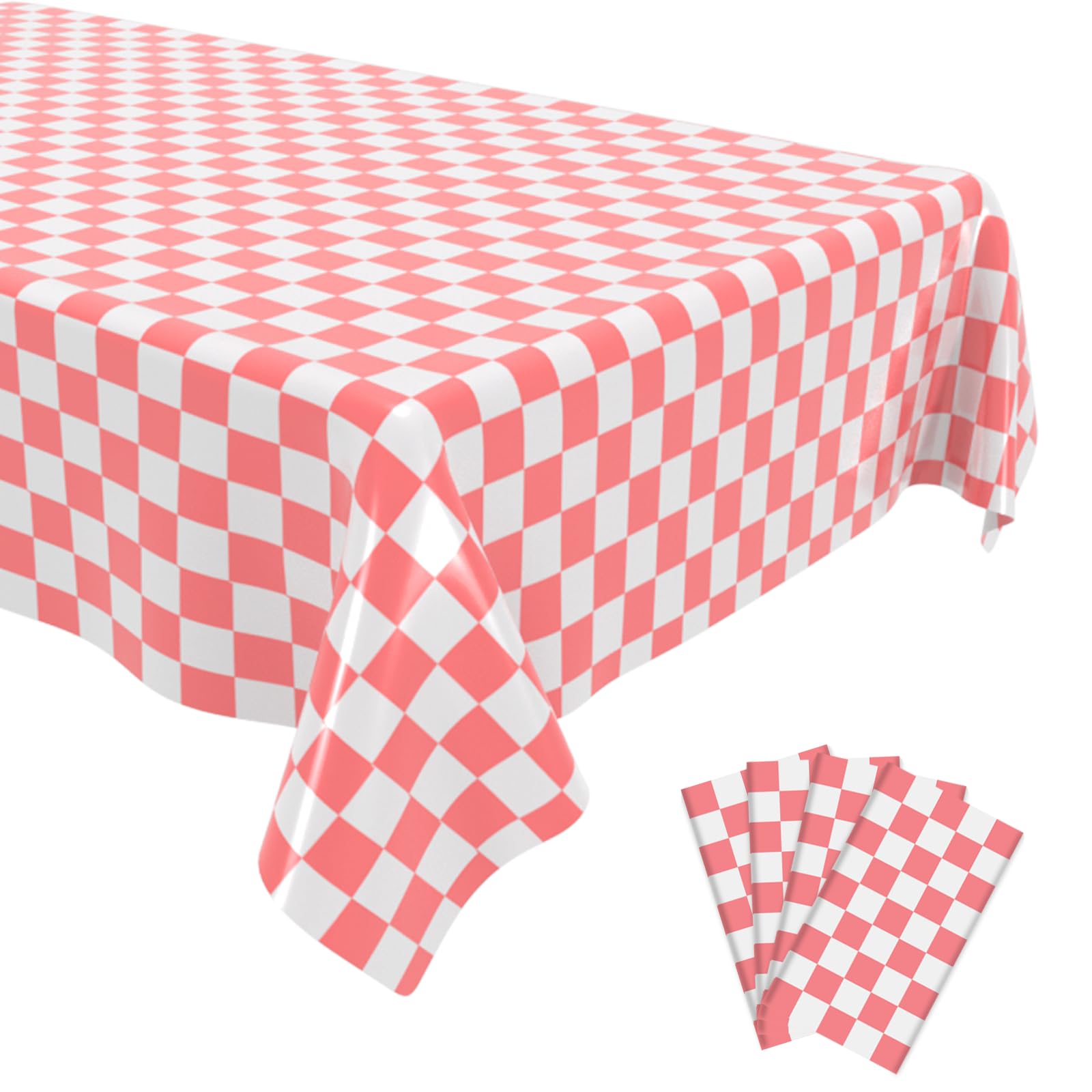 OLIVBIN 4 Pack Checkered Tablecloth Disposable Plastic Pink and White Checkered Tablecloth Waterproof Rectangular Picnic Table Cover, Black Party