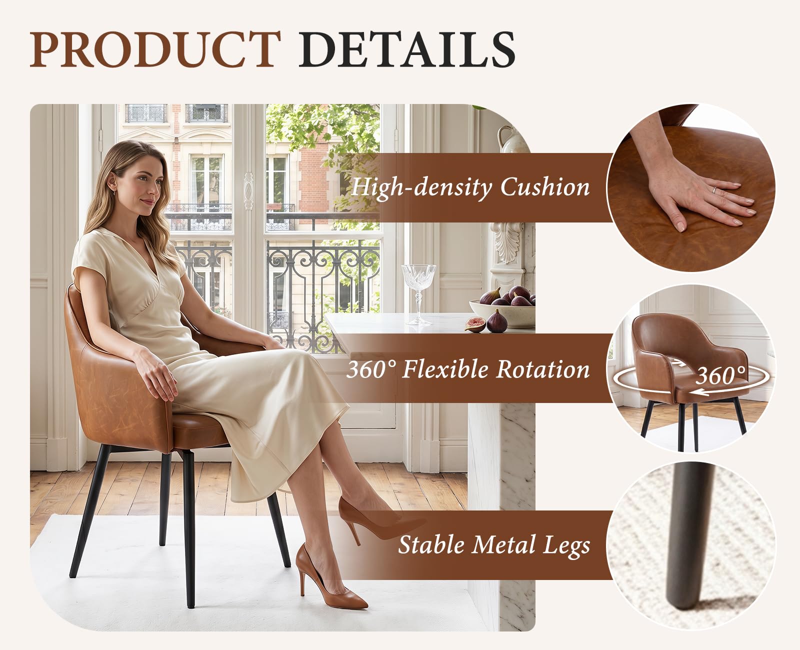 Ya-Home Juego de 2 Sillas de Comedor Silla Cocina Giratoria,Marrón | PU Cuero, Giro 360, Patas Metal, Cojín Comodo , Brazos y Respaldo Hueca, Antideslizante, para Hogar/Restaurante, MAX 113KG