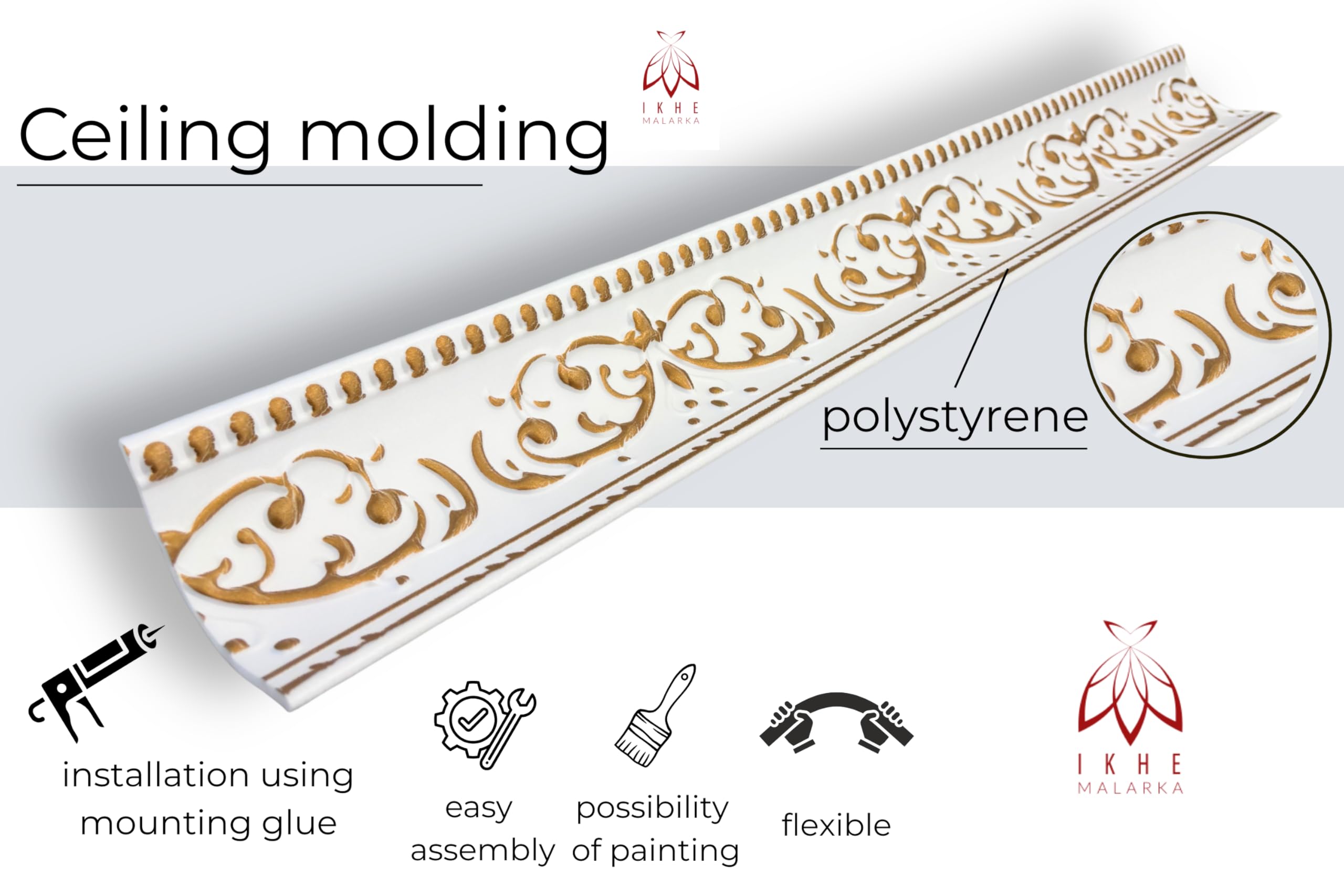 Molduras de estuco de poliestireno XPS – Molduras de techo blancas de 1 m – Listones para estuco de techo y decoración de pared – Molduras decorativas ligeras de poliestireno puro suave (V01-08 – Oro