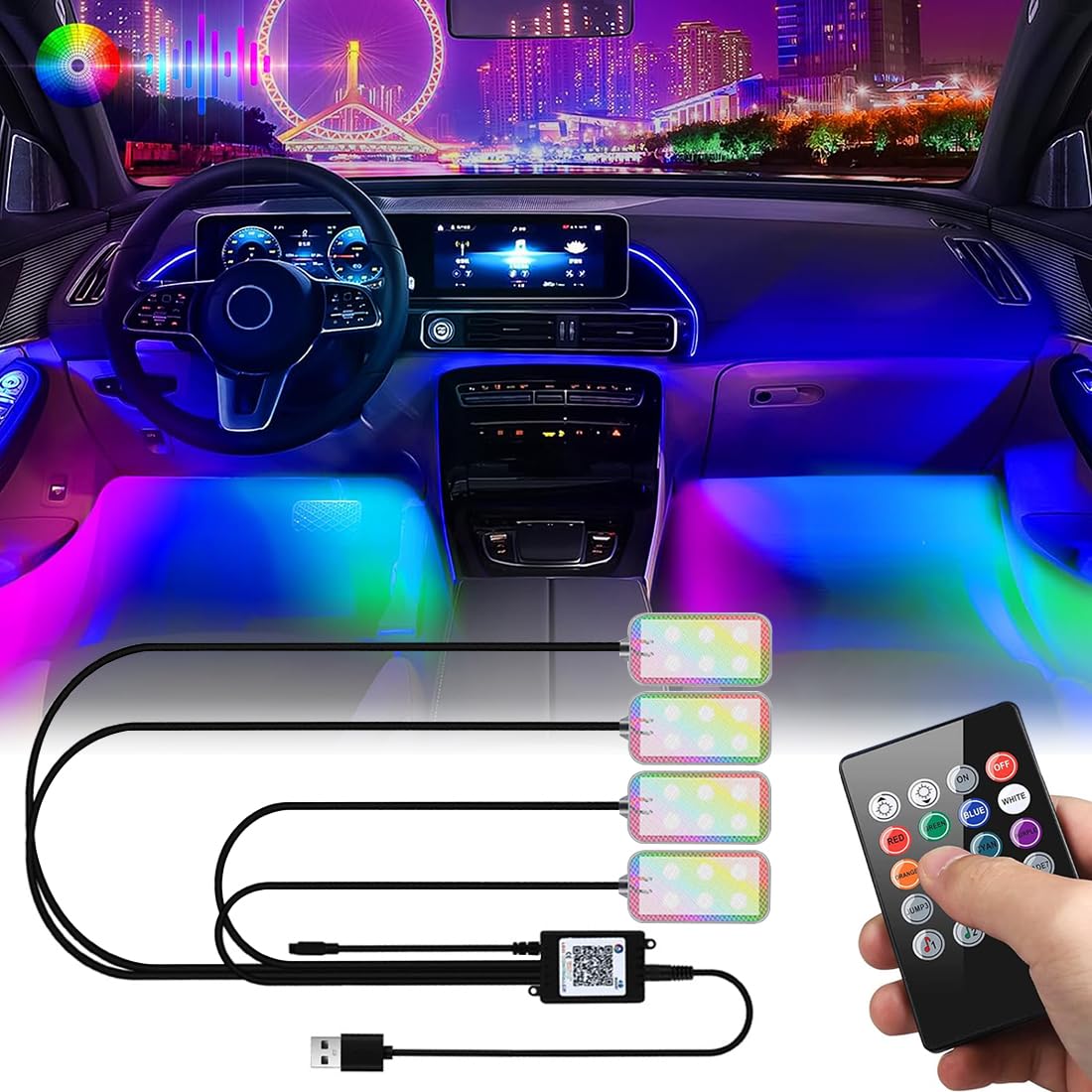 Luci a LED per interni auto, luci per vano piedi, illuminazione ambientale, ricaricabile tramite USB, wireless, touch per bagagliaio, portiere auto, braccioli, aree di seduta, 4 pezzi, bianco