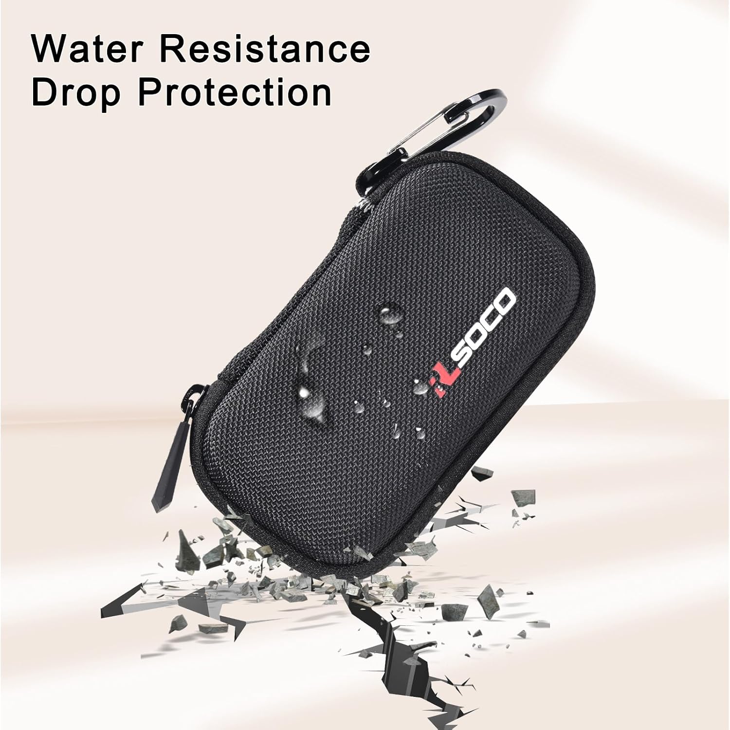 RLSOCO Hard Case with water droplets on its surface, illustrating water resistance, and cracked ground below, symbolizing drop protection