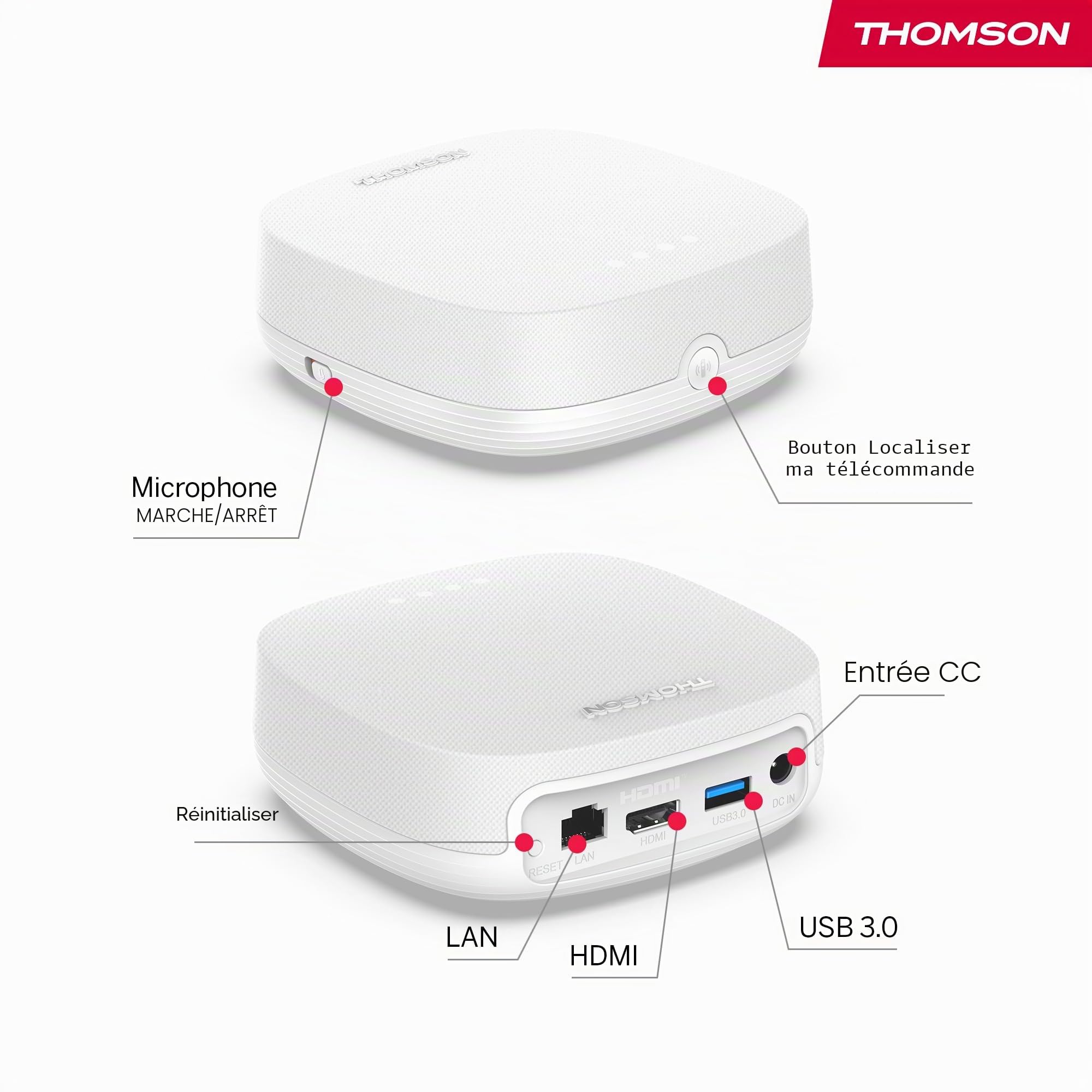 Thomson Streaming Box Plus 270 Blanc, Google TV, 4K UHD, Haut-Parleur intégré pour Commande vocale Mains Libres, Google Cast, Netflix, Disney+, Wi-FI, Adaptateur Secteur Multi-Prises, 3 Go de RAM, 32