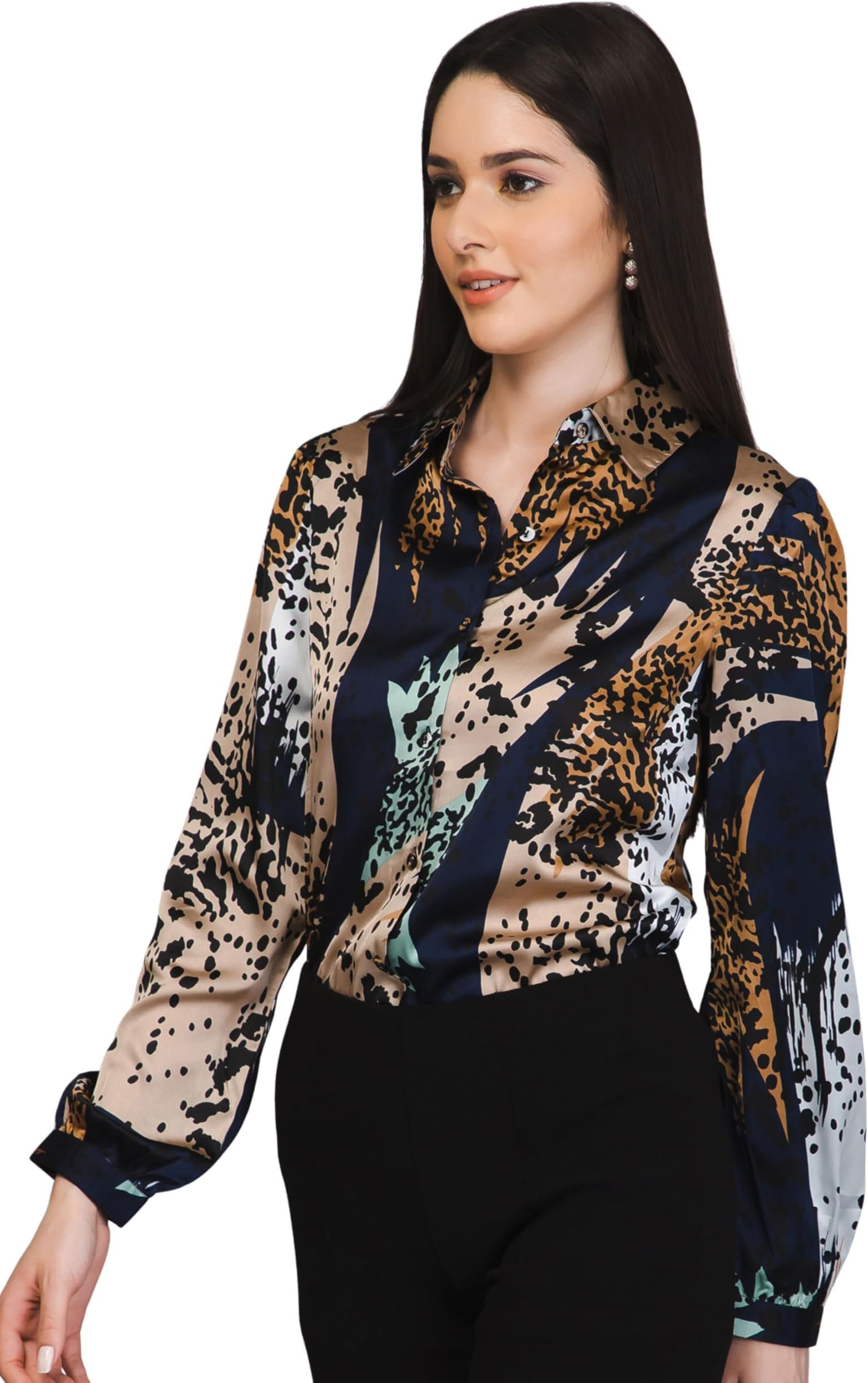 - Women Satin Shirt | Animal Print Casual Top | Full Sleeve Button Down Shirt for Office