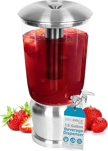 BirdRock Home Dispensador de bebidas de acero inoxidable de 1.5 galones con recipiente de hielo, soporte y espita  redondo, plástico Tritan