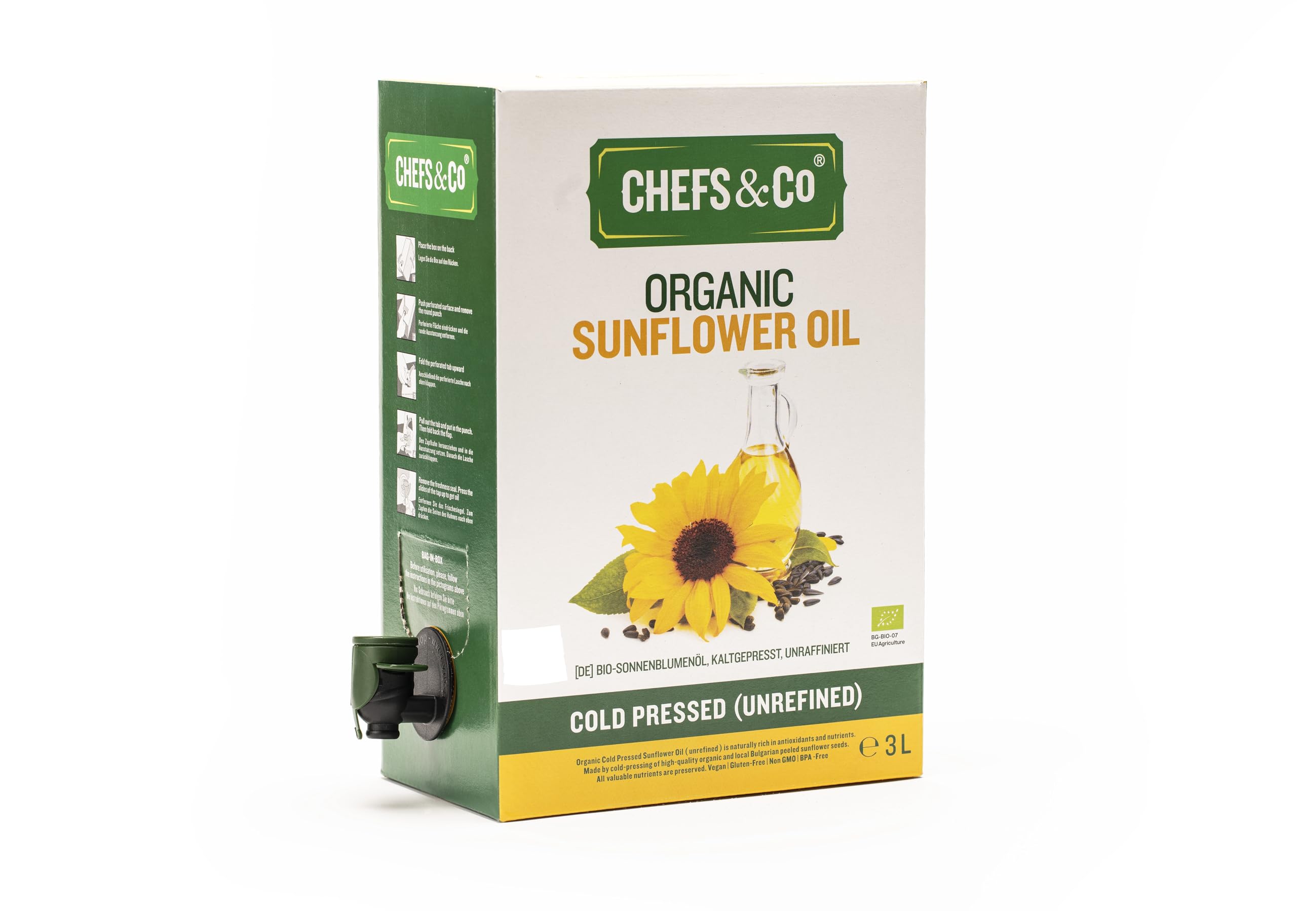 CHEFS & CO Huile de Tournesol Bio | Pressée à Froid | Non Raffinée | Huile Végétale Alimentaire | Sans Additifs | Pour Cuisson, Salades et Alimentation Saine (3 L (Paquet de 1))
