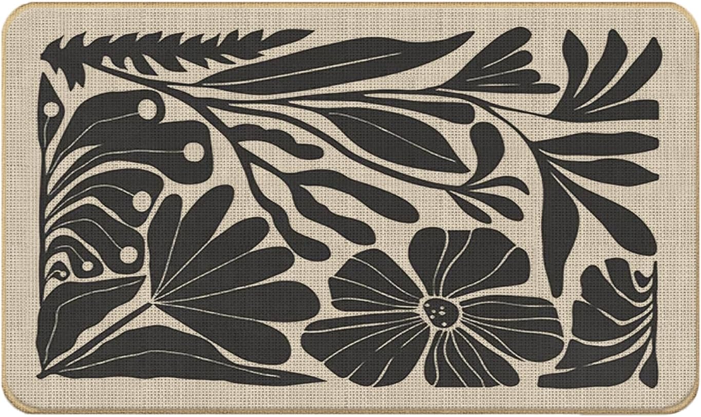 Boho Beige and Black Floral Door Mat - Bohemian Neutral Floral Front Door Welcome Mats Outdoor Entrance, 17x30 Rug